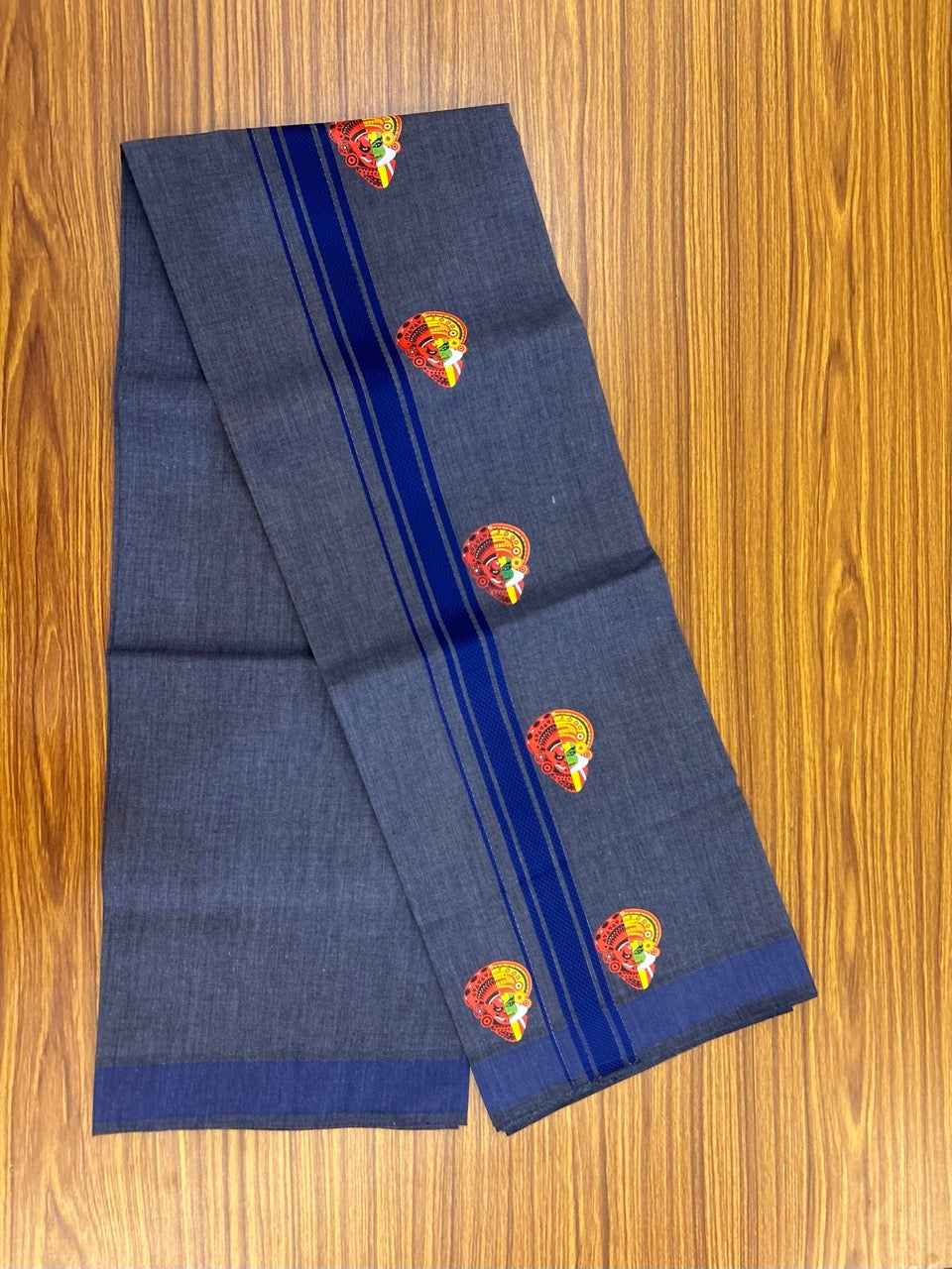 22% Discount! Kaitharikada Pure Cotton - Single Kaily / Lungi - (40s) - 1.25 inch Blue striped Theyyam Kadhakali Printed Design kara with Navy Blue shaded colour body (2 meter / 4 muzham) - 10 KK8028 GAN