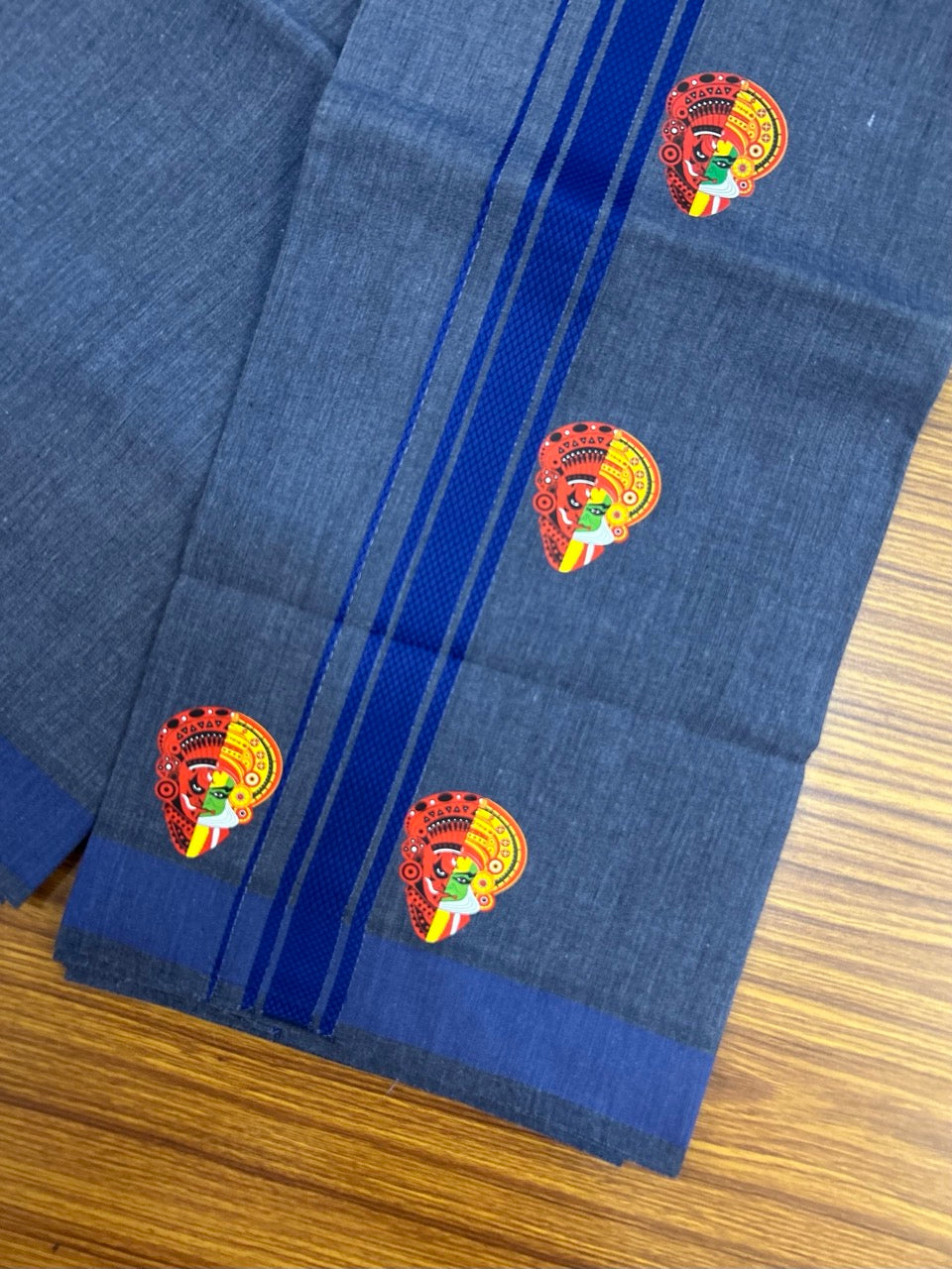 22% Discount! Kaitharikada Pure Cotton - Single Kaily / Lungi - (40s) - 1.25 inch Blue striped Theyyam Kadhakali Printed Design kara with Navy Blue shaded colour body (2 meter / 4 muzham) - 10 KK8028 GAN