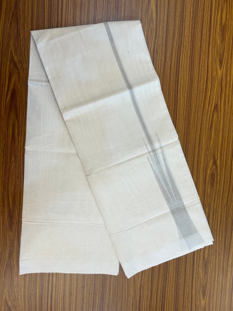 20% Discount! KaithariKada Balaramapuram 100% Cotton Double off white (Unbleached) Mundu/Dhoti - 100X80 - 1.5 inch Pastel Olive Green Striped chutty Kara 4 mtr (8.5 Muzham) - 51 KK5283 PMC