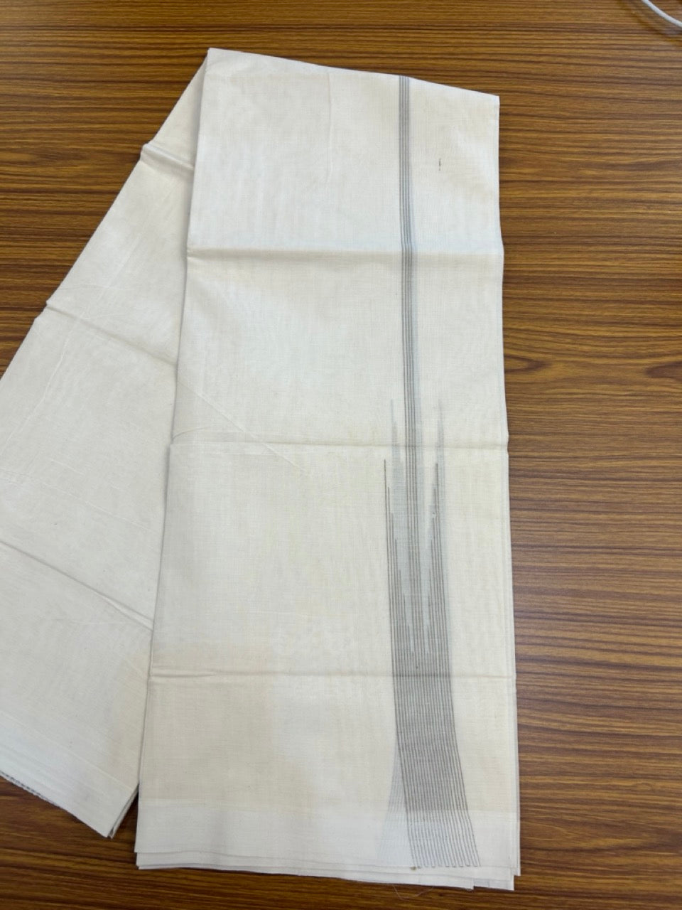 20% Discount! KaithariKada Balaramapuram 100% Cotton Double off white (Unbleached) Mundu/Dhoti - 100X80 - 1.5 inch Pastel Olive Green Striped chutty Kara 4 mtr (8.5 Muzham) - 51 KK5283 PMC