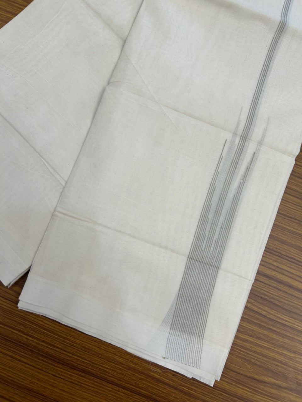 20% Discount! KaithariKada Balaramapuram 100% Cotton Double off white (Unbleached) Mundu/Dhoti - 100X80 - 1.5 inch Pastel Olive Green Striped chutty Kara 4 mtr (8.5 Muzham) - 51 KK5283 PMC