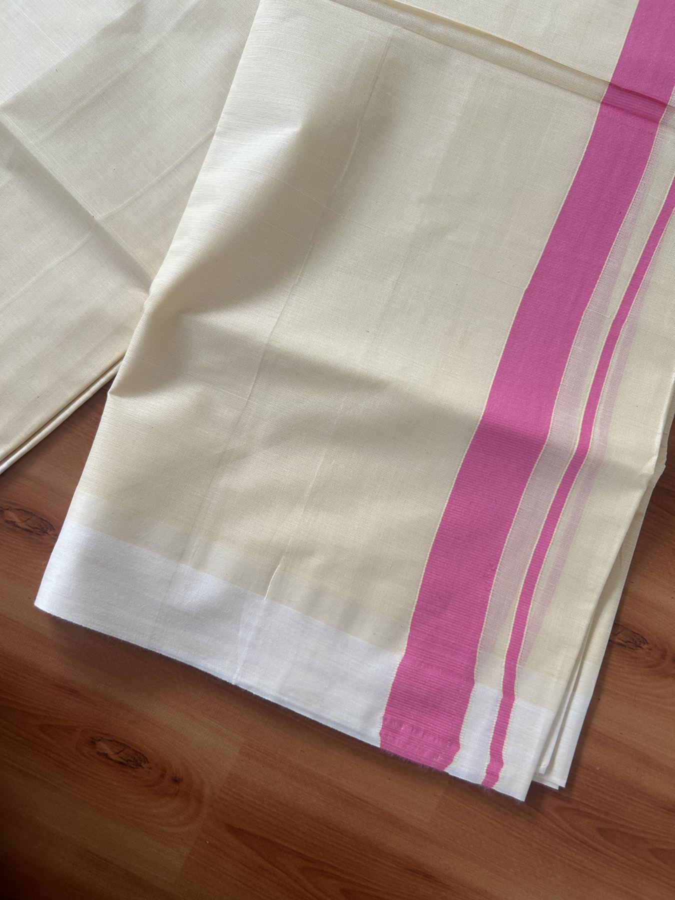 Kannur Kavi - 20% Discount! KaithariKada Balaramapuram Double Mundu/Dhoti - Pure Cotton - 100x80 - Kannur Yellow colour Body 1 Inch Bright Pink kara - 4 mtr - (8.5 muzham) - 7 KK5389 GAN