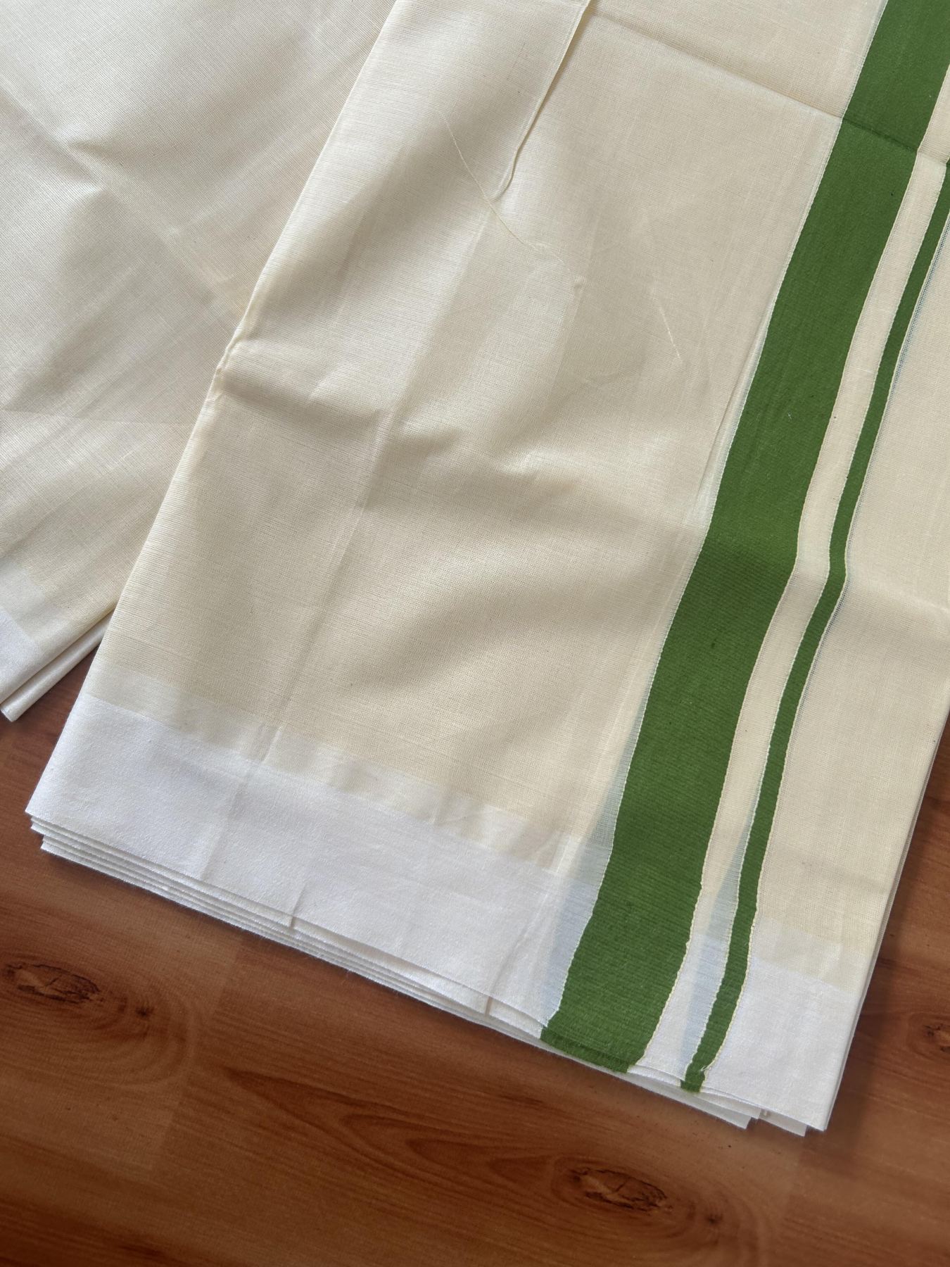 Kannur Kavi - 20% Discount! KaithariKada Balaramapuram Double Mundu/Dhoti - Pure Cotton - 100x80 - Kannur Yellow colour Body 1 Inch Forest Green kara - 4 mtr - (8.5 muzham) - 2 KK5389 GAN