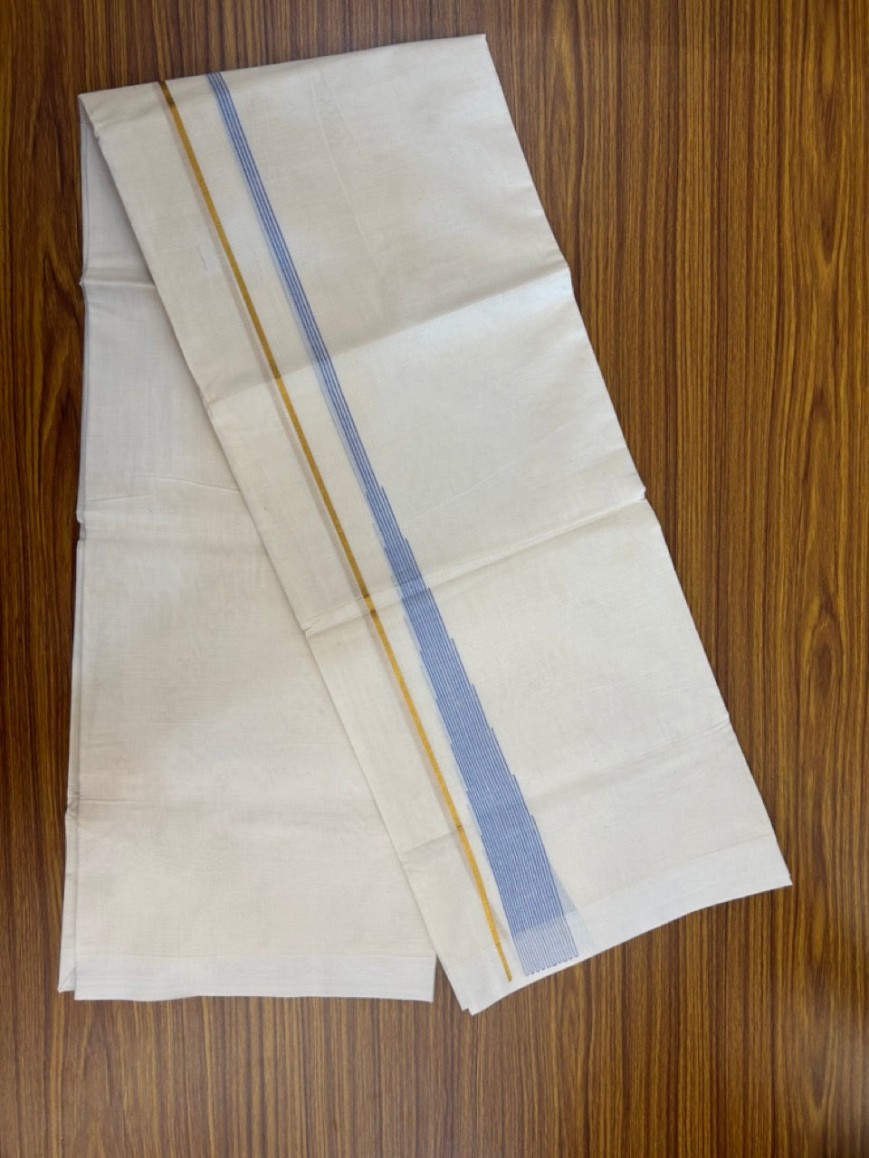 20% Discount ! Kaitharikada Balaramapuram 100% Pure Cotton Double Off white (Unbleached) Mundu/Dhoti - 100x80 - 1.5 inch Gold Kasav Sky Blue Shaded Stripes Chutty Kara - 17 KK5283 PMC