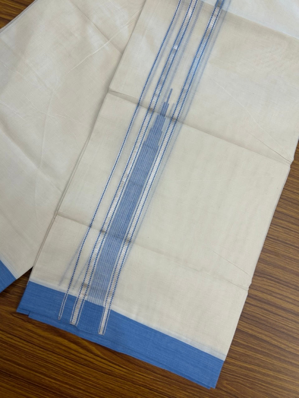 20% Discount! KaithariKada Balaramapuram 100% Cotton Double off white (Unbleached) Mundu/Dhoti - 100X80 - 1.5 inch Silver kasavu & Light Blue striped chutty - 4 mtr (8.5 Muzham) - 42 KK5283 PMC