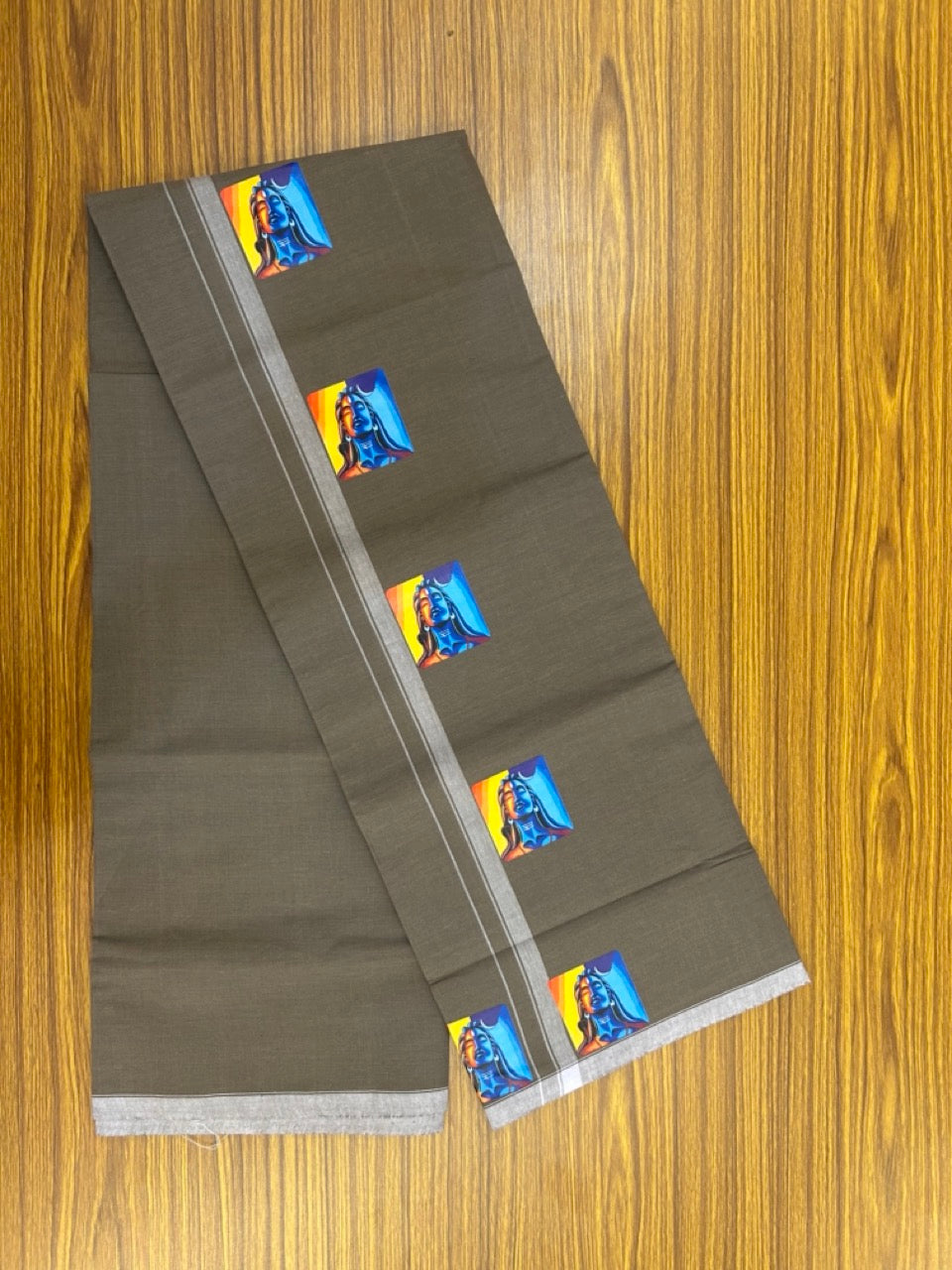 9% Discount !! Kaitharikada Pure Cotton - Single Kaily / Lungi - (40s) - Printed Shiva Design & 0.5 inch White kara with Grey colour body (2 meter / 4 muzham) - 6 KK8028 GAN