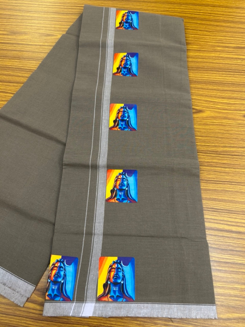 9% Discount !! Kaitharikada Pure Cotton - Single Kaily / Lungi - (40s) - Printed Shiva Design & 0.5 inch White kara with Grey colour body (2 meter / 4 muzham) - 6 KK8028 GAN