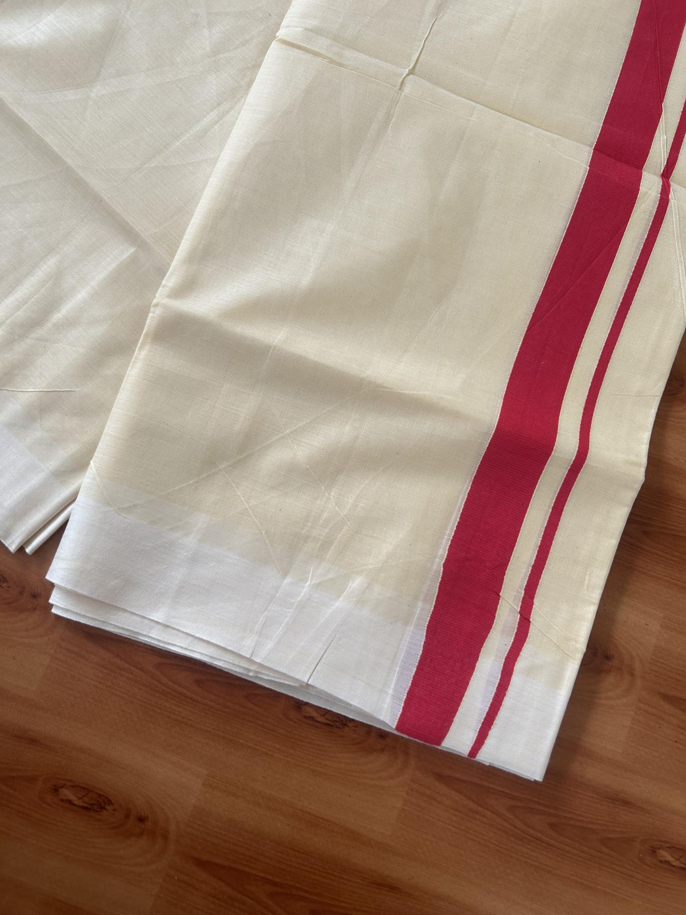 Kannur Kavi - 20% Discount! KaithariKada Balaramapuram Double Mundu/Dhoti - Pure Cotton - 100x80 - Kannur Yellow colour Body 1 Inch Red kara - 4 mtr - (8.5 muzham) - 5 KK5389 GAN