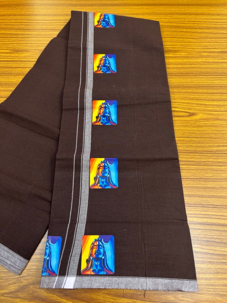 9% Discount !! Kaitharikada Pure Cotton - Single Kaily / Lungi - (40s) - Printed Shiva Design & 0.5 inch White kara with Dark Grape Wine colour body (2 meter / 4 muzham) - 4 KK8028 GAN