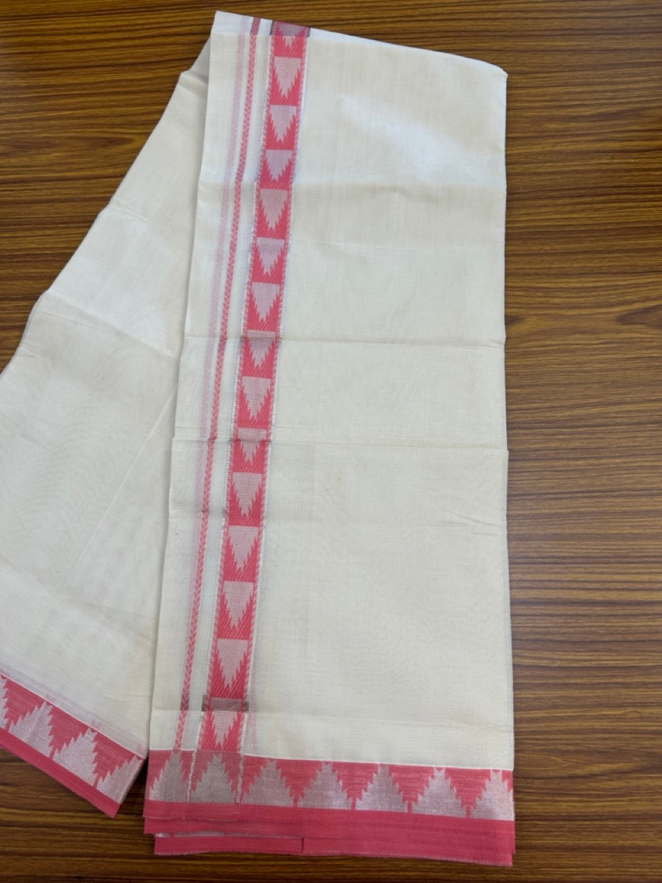 20% DISCOUNT ! KaithariKada Balaramapuram 100% Cotton Double off white (Unbleached) Mundu/Dhoti - 100X80 - 1.25 inch Silver kasavu & Pink Temple jacquard design kara - 4 mtr (8.5 Muzham) - 30 KK5283 PMC