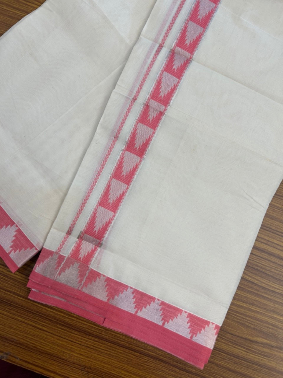 20% DISCOUNT ! KaithariKada Balaramapuram 100% Cotton Double off white (Unbleached) Mundu/Dhoti - 100X80 - 1.25 inch Silver kasavu & Pink Temple jacquard design kara - 4 mtr (8.5 Muzham) - 30 KK5283 PMC