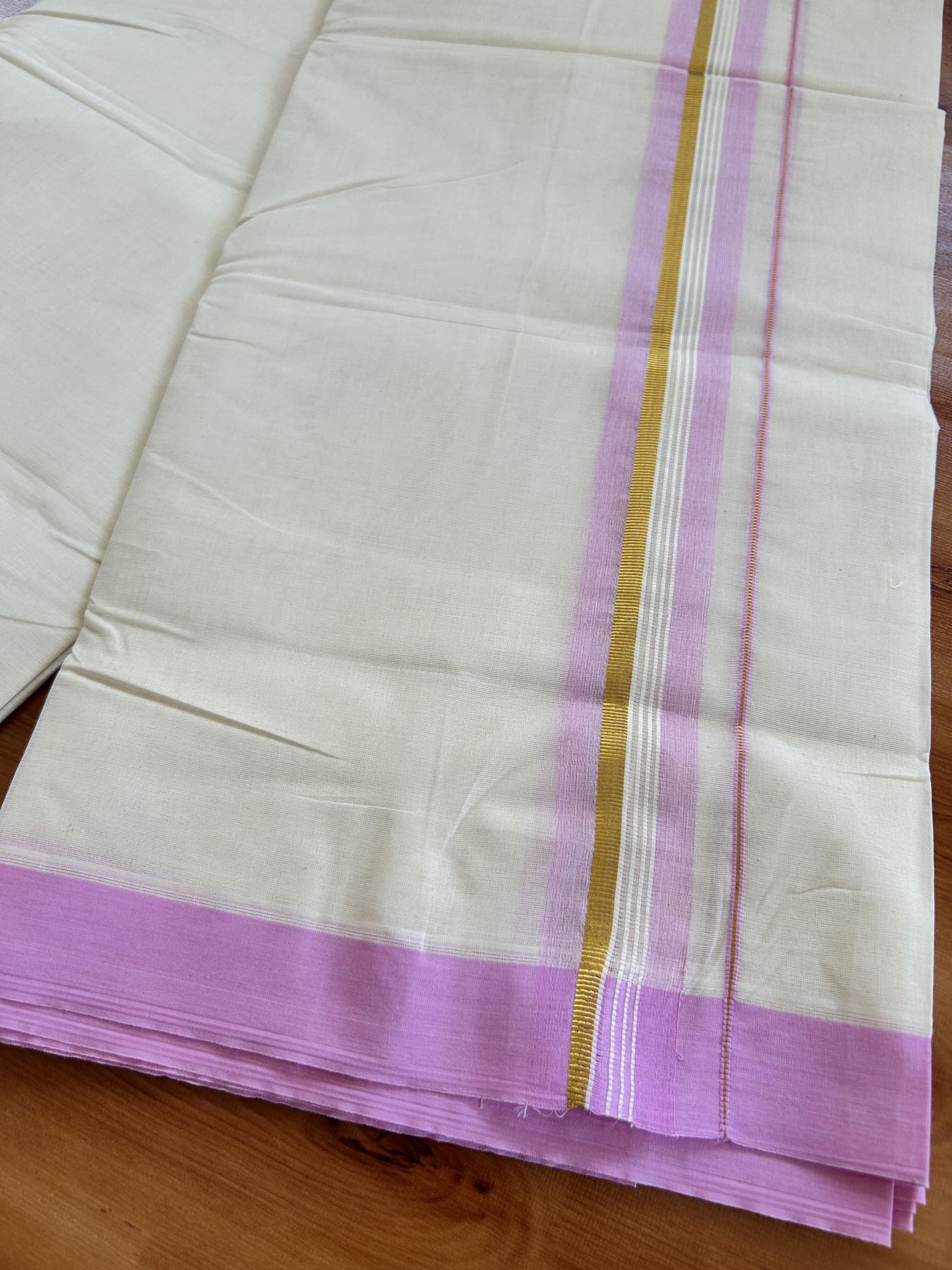 Double Off White (Unbleached) Mundu/Dhoti - 20% Discount! Kaitharikada Pure Cotton - 80x80 - 1.5 Inch Gold Kasav & Pink Shaded Striped Kara 4 mtr (8.5 muzham) - 21 KK5465 MRH