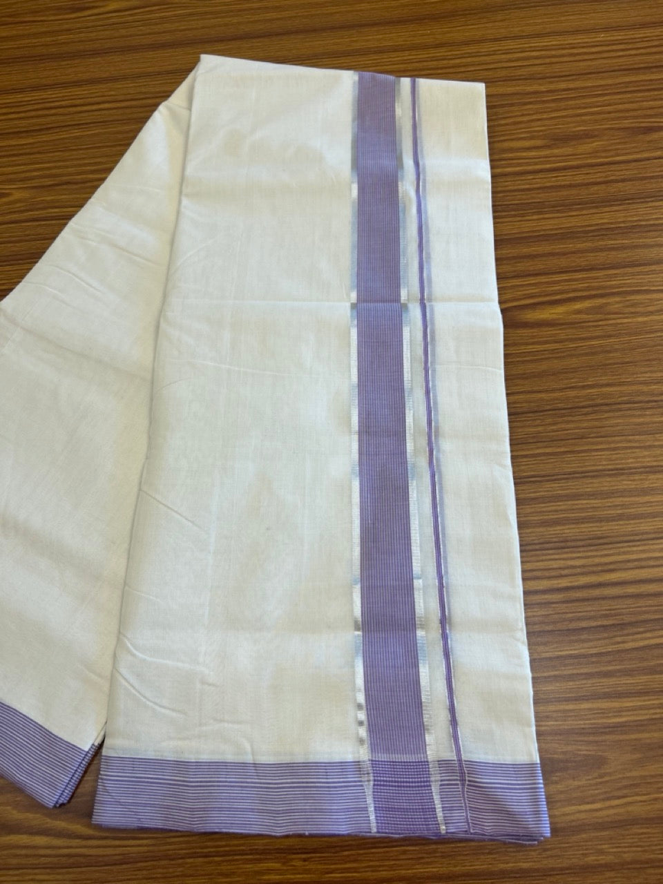 25% DISCOUNT!! KaithariKada HANDLOOM UNAKKUPAAV Balaramapuram - 100% PURE Cotton OFF White Double - (Unbleached) Mundu/Dothi - 2.25 inch Lavender & Silver Stripes Kara 4.5 Meters (10 Muzham) - 1KK5041SOM