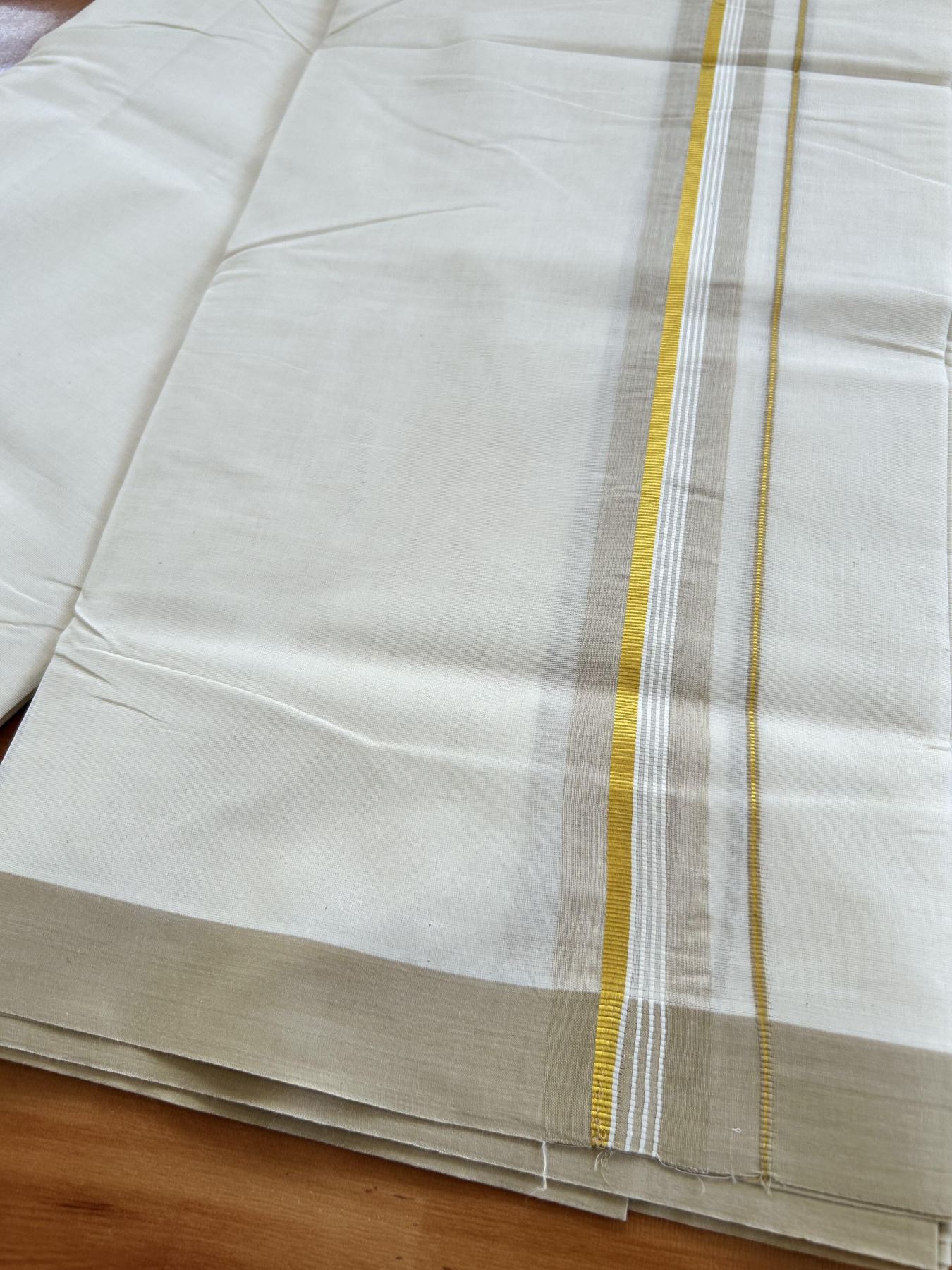 Double Off White (Unbleached) Mundu/Dhoti - 20% Discount! Kaitharikada Pure Cotton - 80x80 - 1.5 Inch Gold Kasav & Light Beige Shaded Striped Kara 4 mtr (8.5 muzham) - 25 KK5465 MRH