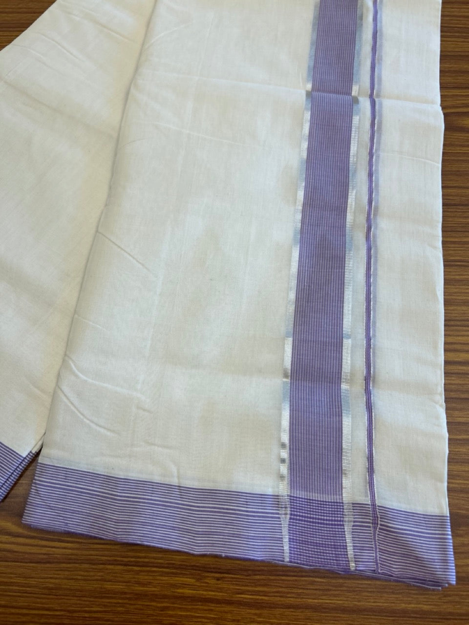 25% DISCOUNT!! KaithariKada HANDLOOM UNAKKUPAAV Balaramapuram - 100% PURE Cotton OFF White Double - (Unbleached) Mundu/Dothi - 2.25 inch Lavender & Silver Stripes Kara 4.5 Meters (10 Muzham) - 1KK5041SOM