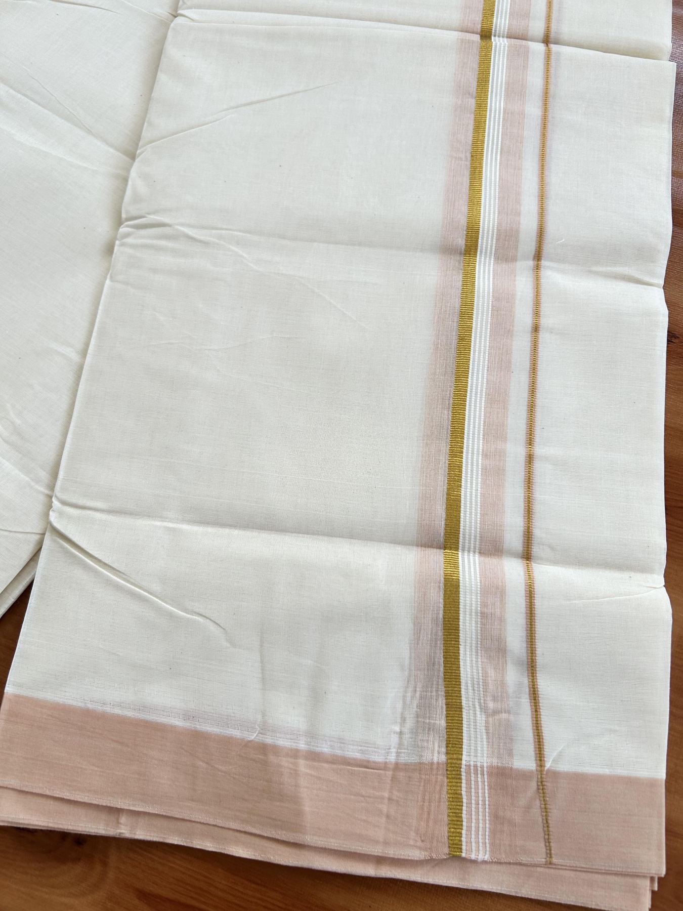 Double Off White (Unbleached) Mundu/Dhoti - 20% Discount! Kaitharikada Pure Cotton - 80x80 - 1.5 Inch Gold Kasav & Light Peach Shaded Striped Kara 4 mtr (8.5 muzham) - 22 KK5465 MRH