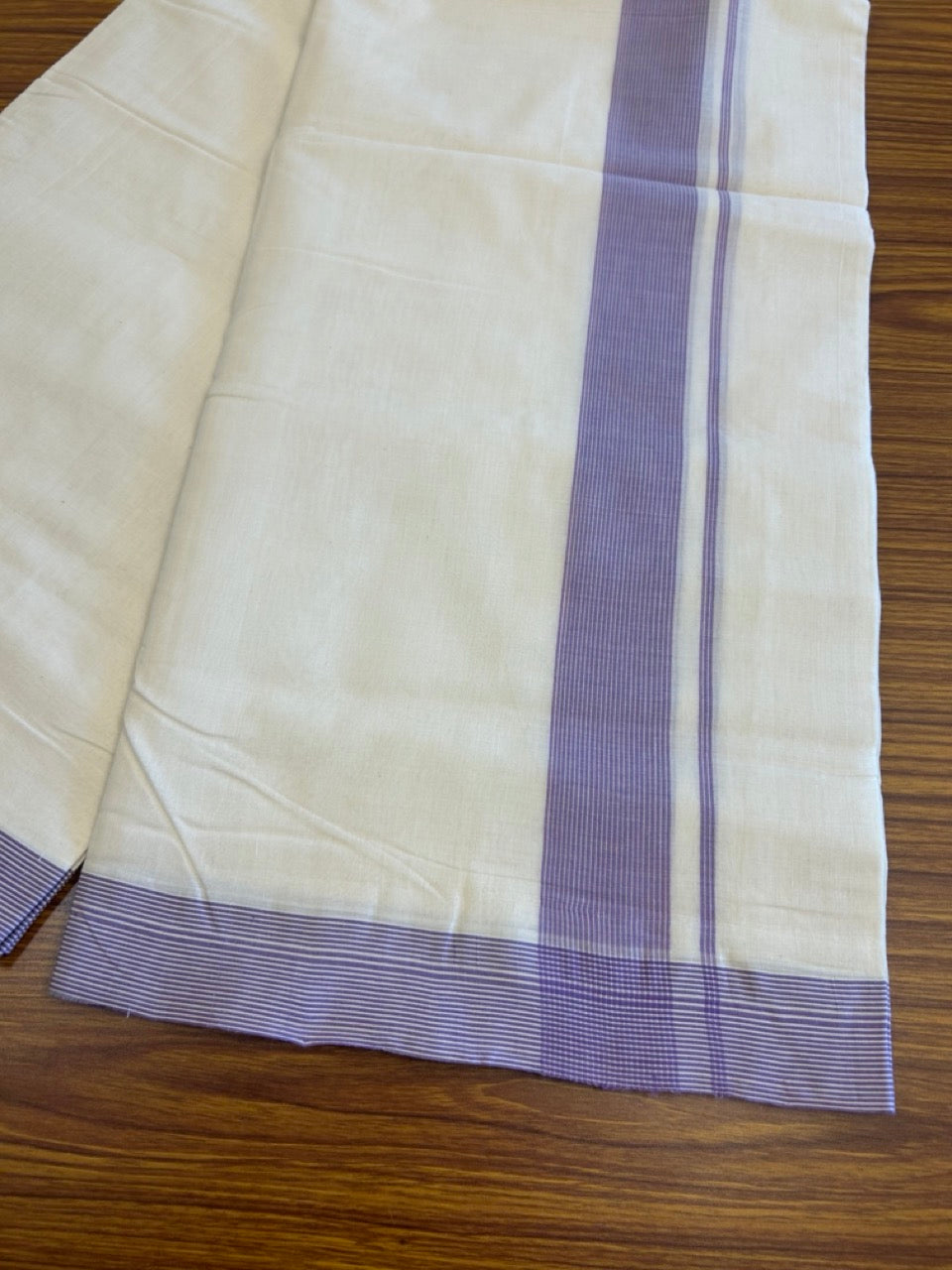 25% DISCOUNT!! KaithariKada HANDLOOM UNAKKUPAAV Balaramapuram - 100% PURE Cotton OFF White Double - (Unbleached) Mundu/Dothi - 2.25 inch Lavender Stripes Kara 4.5 Meters (10 Muzham) - 5KK5041SOM