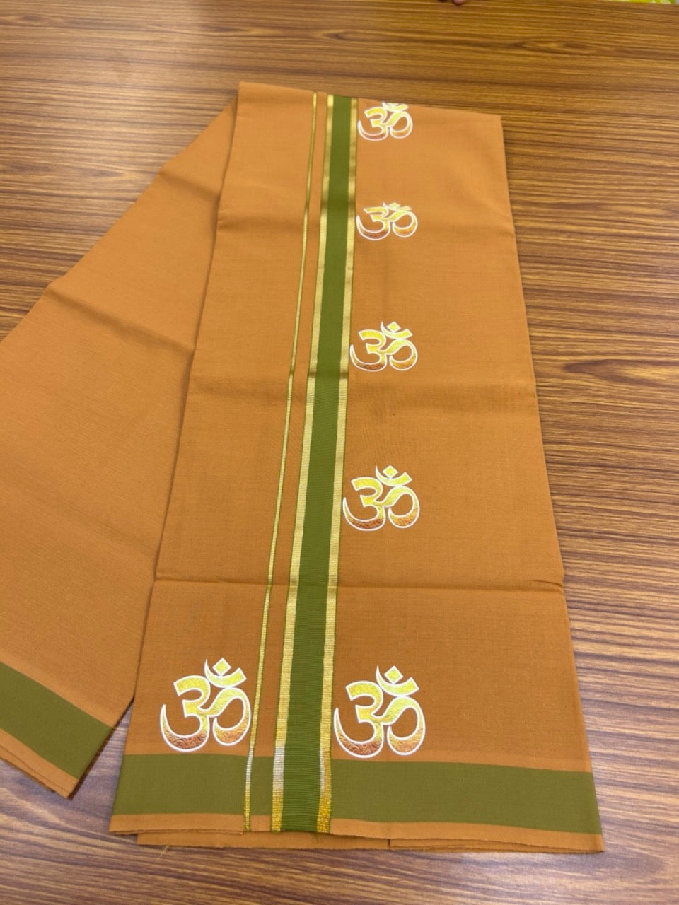 34% Discount ! Kaitharikada Pure Cotton - Single Kaily / Lungi -(40s)- 1.25 inch Gold Kasav & Light Green Ohm Printed Design kara with Kavi colour body (2 meter / 4 muzham) - 64 KK8028 GAN