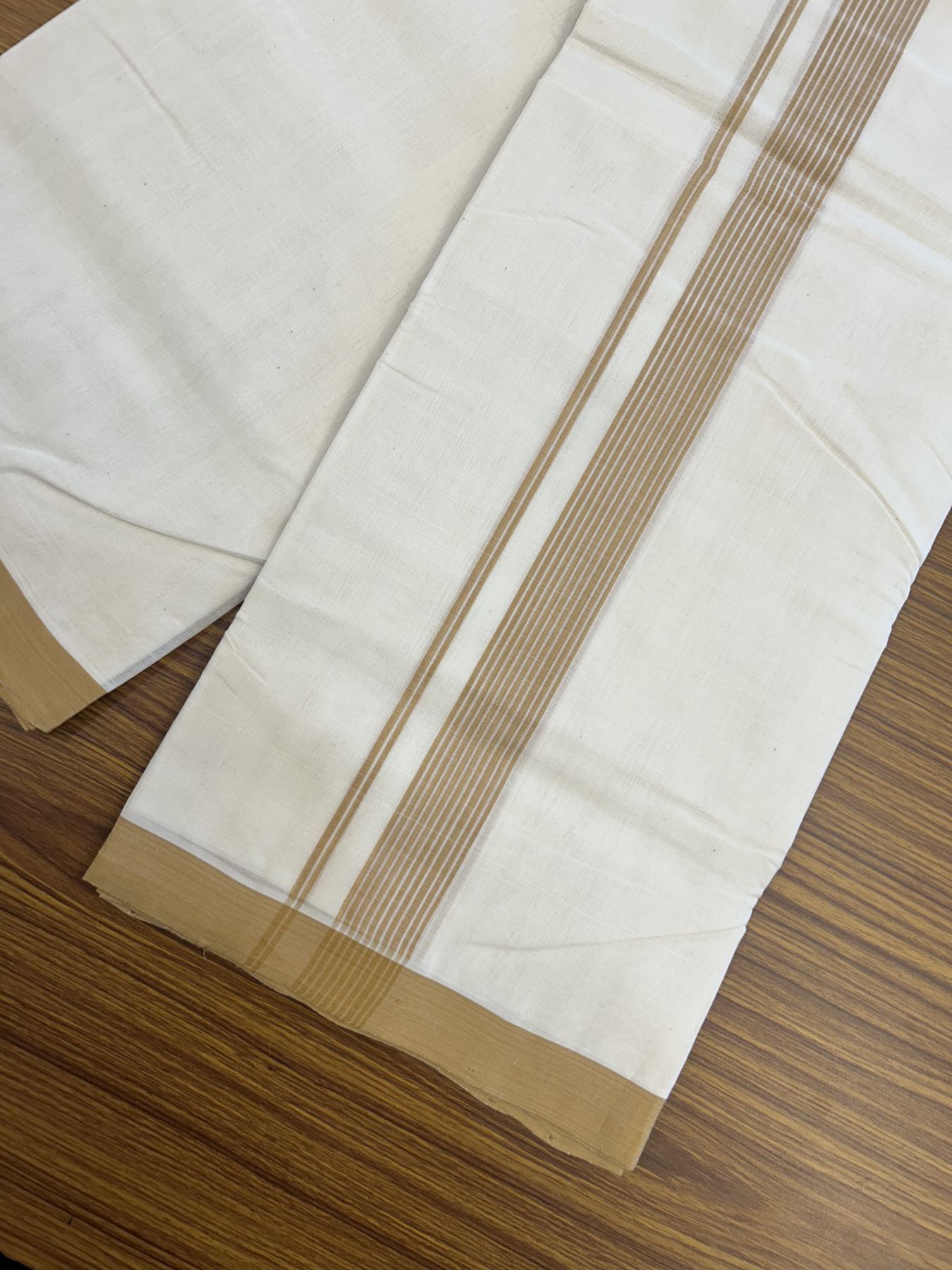 25% Discount! KaithariKada Handloom Millpaav Balaramapuram - Cotton Double Mundu/Dhoti Off white (Unbleached) - 80x90 - 1.25 inch Mustard Brown striped Kara - 3.70 meter (8 Muzham) - 39 KK5320 RAM