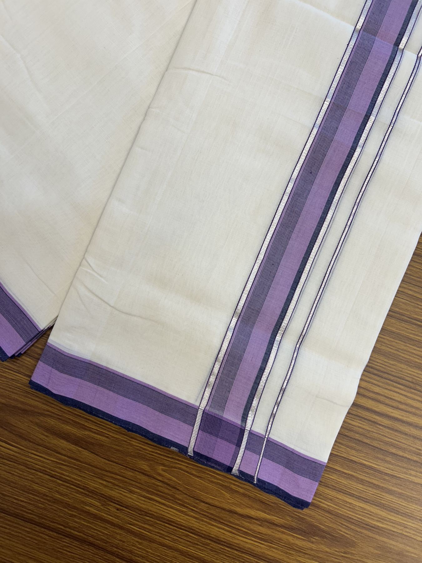 25% Discount ! Kaitharikada Handloom Unakkupaav Balaramapuram - 100% Pure Cotton Off White - (Unbleached) Double Mundu/Dhoti - 100x80 - 1.75 inch Silver Kasav Navy Blue & Purple Striped Kara 4 mtr (8.5 Muzham) - 32 KK5320 RAM