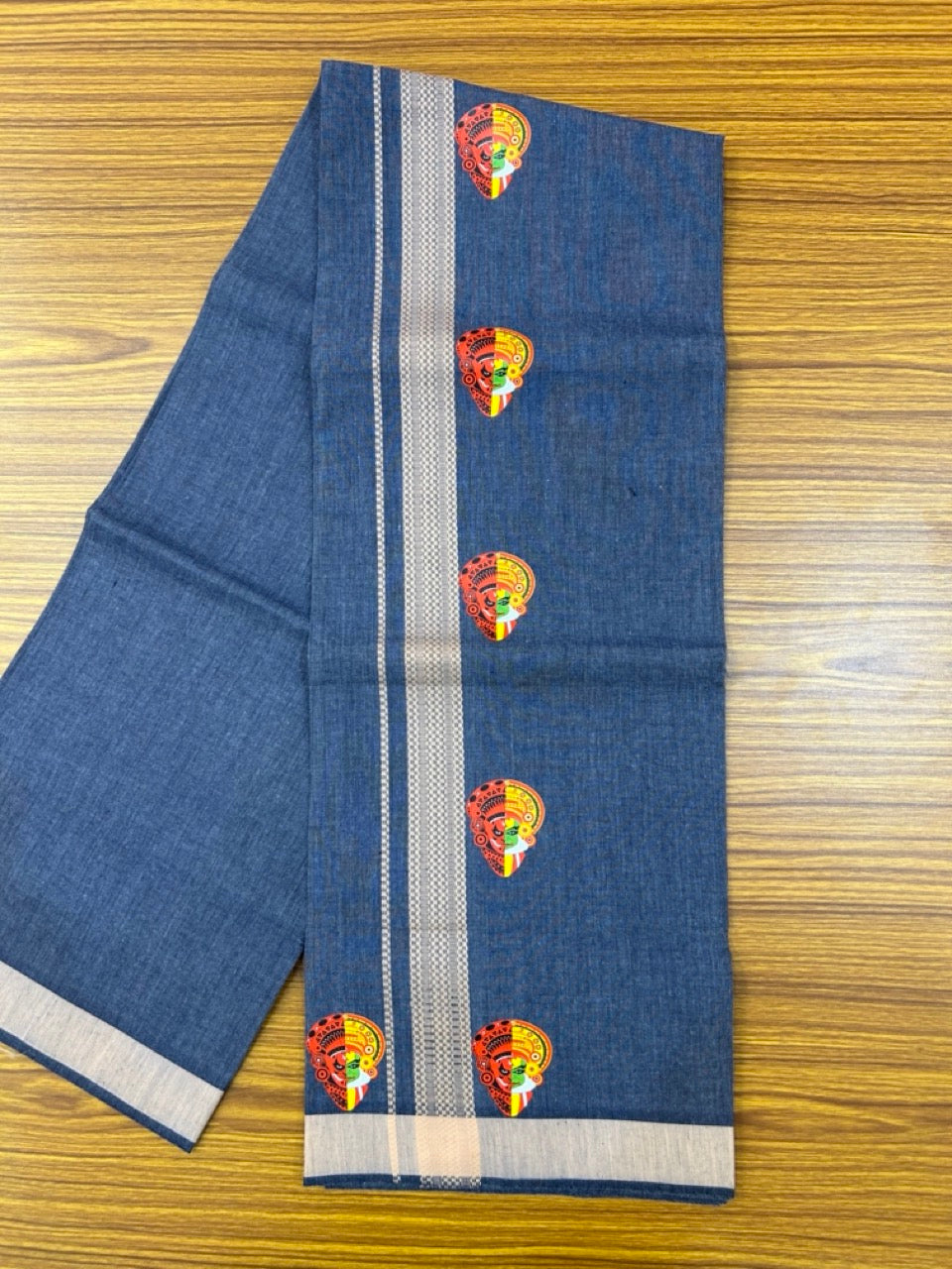22% Discount! Kaitharikada Pure Cotton - Single Kaily / Lungi - (40s) - 1.25 inch Peach striped Theyyam Kadhakali Printed Design kara with Navy Blue shaded colour body (2 meter / 4 muzham) - 9 KK8028 GAN