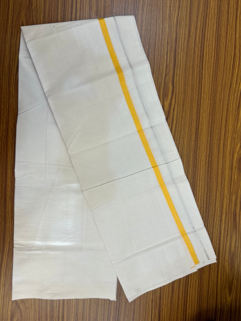3% Discount! KaithariKada Balaramapuram 100% Cotton Single Off White - (Unbleached) Mundu/Dhoti - 100X100 - 0.5 inch Silver Kasavu Yellow Orange striped kara (2 meter / 4 muzham) - 5 KK5283 PMC