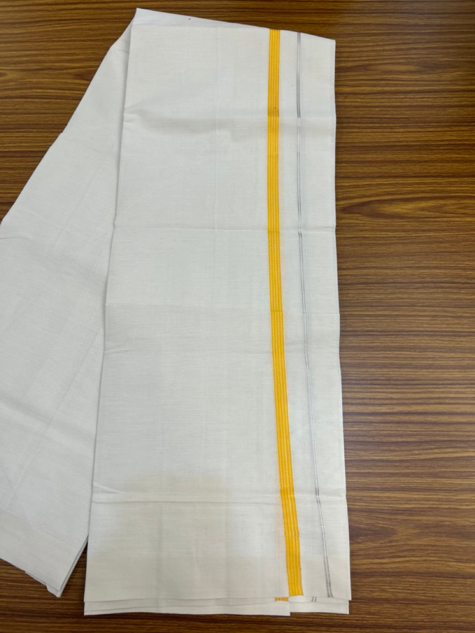 3% Discount! KaithariKada Balaramapuram 100% Cotton Single Off White - (Unbleached) Mundu/Dhoti - 100X100 - 0.5 inch Silver Kasavu Yellow Orange striped kara (2 meter / 4 muzham) - 5 KK5283 PMC