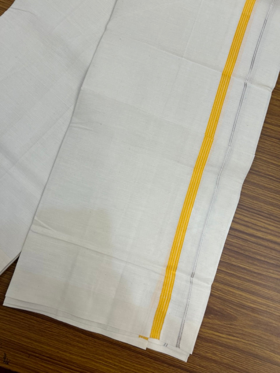3% Discount! KaithariKada Balaramapuram 100% Cotton Single Off White - (Unbleached) Mundu/Dhoti - 100X100 - 0.5 inch Silver Kasavu Yellow Orange striped kara (2 meter / 4 muzham) - 5 KK5283 PMC