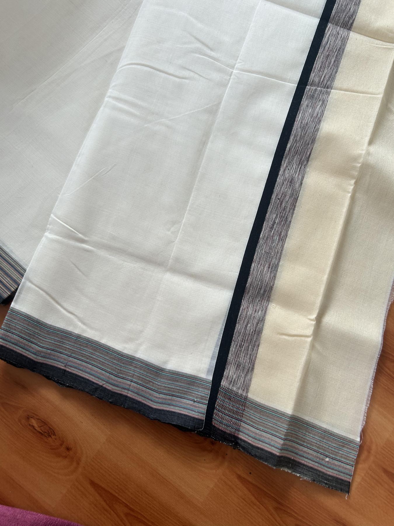 25% Discount!! KaithariKada Handloom Unakkupaav - Kerala Handloom - 100% Pure Cotton Off White - (Unbleached) Double Mundu/Dothi - 100 x 80 - 4.5 inch Multi Colour & Black ,Cream Side Striped Kara 4 meter (8.5 muzham) - 6 KK5390 REA