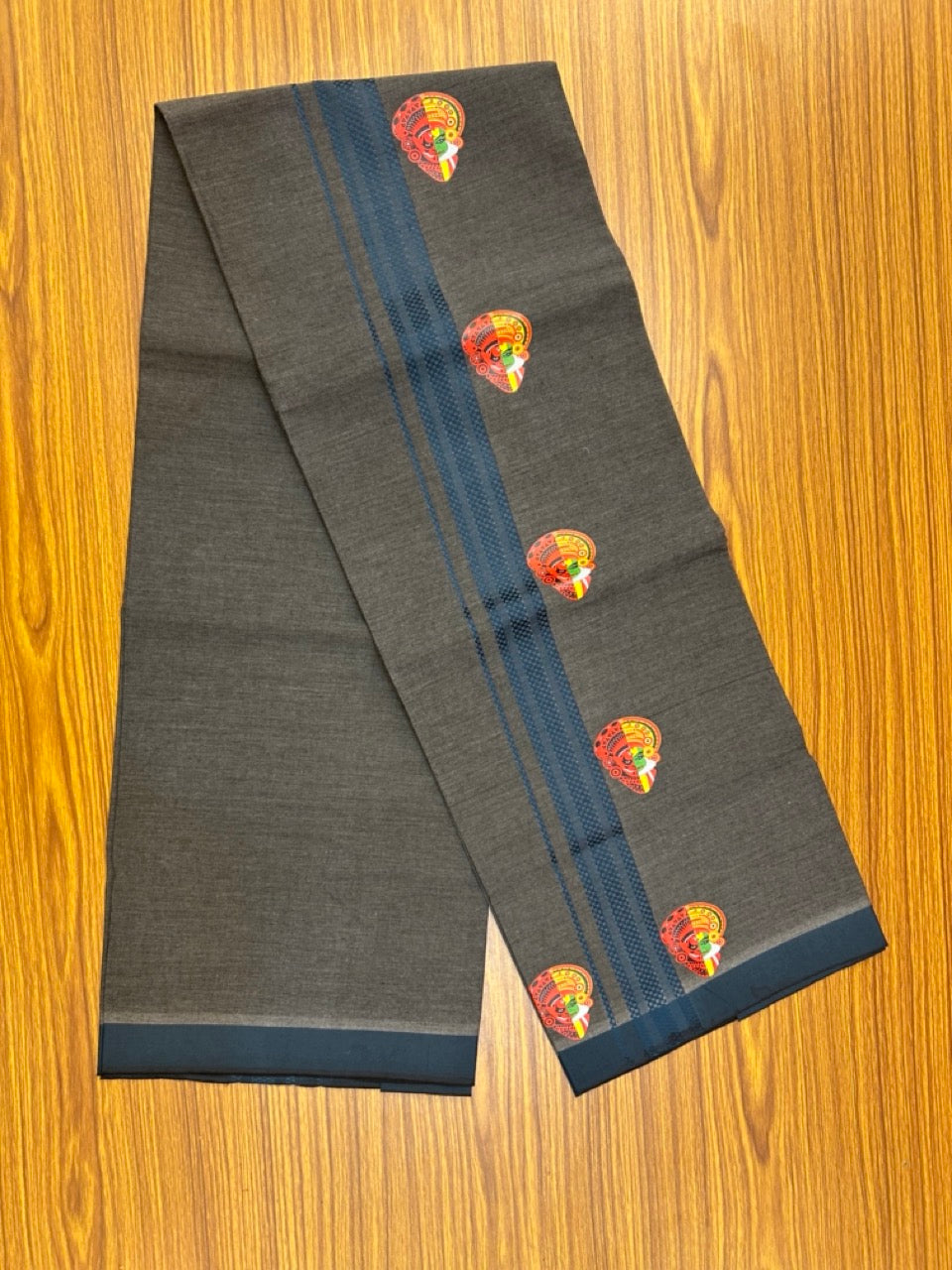 22% Discount! Kaitharikada Pure Cotton - Single Kaily / Lungi - (40s) - 1.25 inch Dark Peacock blue striped Theyyam Kadhakali Printed Design kara with Black shaded colour body (2 meter / 4 muzham) - 16 KK8028 GAN