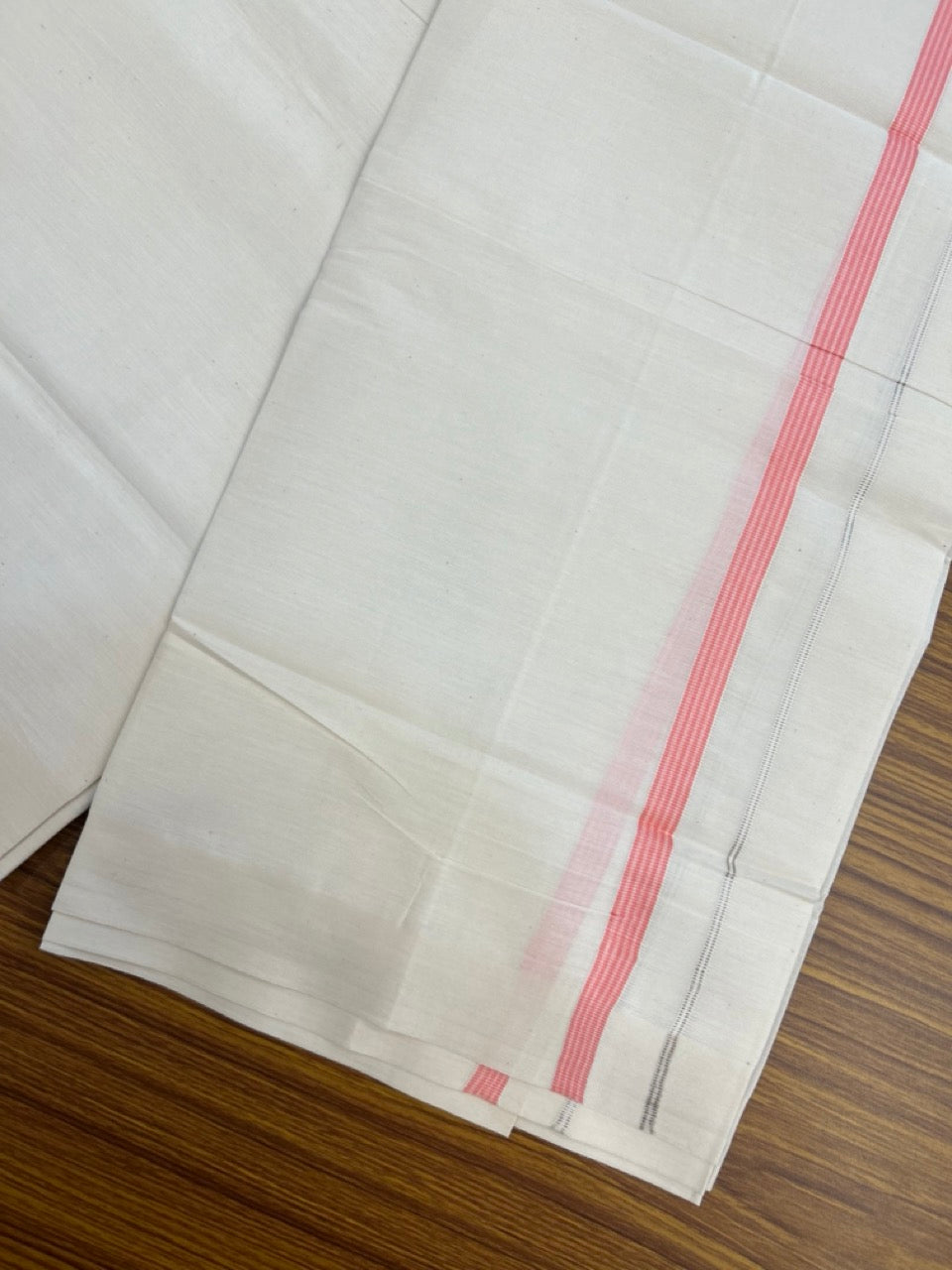 3% Discount! KaithariKada Balaramapuram 100% Cotton Single Off White - (Unbleached) Mundu/Dhoti - 100X100 - 0.5 inch Silver Kasavu Pink striped kara (2 meter / 4 muzham) - 4 KK5283 PMC