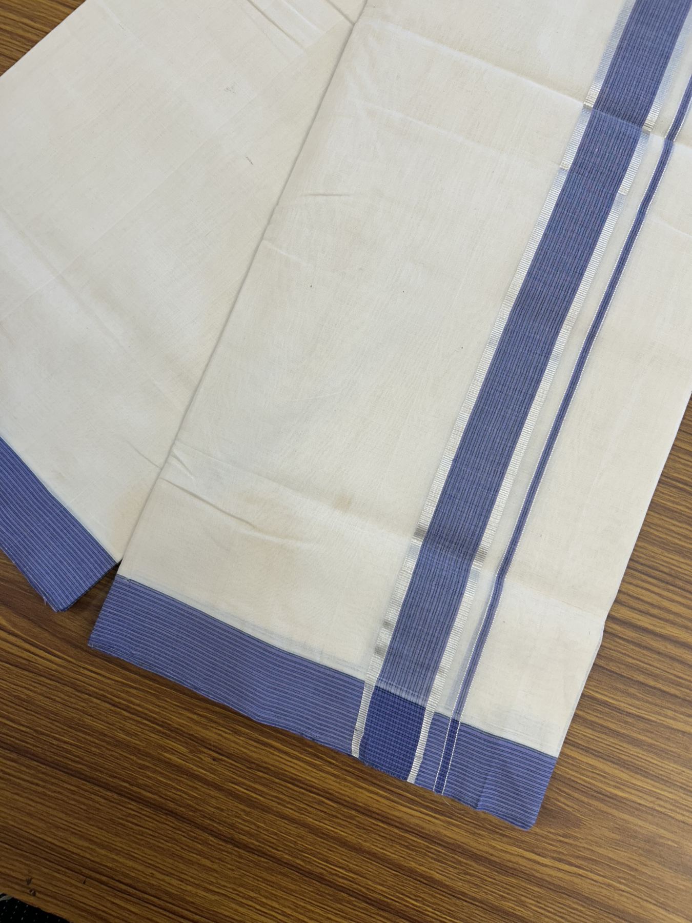 25% Discount! KaithariKada Handloom Unakkupaav Balaramapuram - Cotton Double Mundu/Dhoti Off white (Unbleached) - 100x80 - 1.5 inch Silver Kasav Lavender Blue & Green striped Kara - 4 meter (8.5 Muzham) - 28 KK5320 RAM