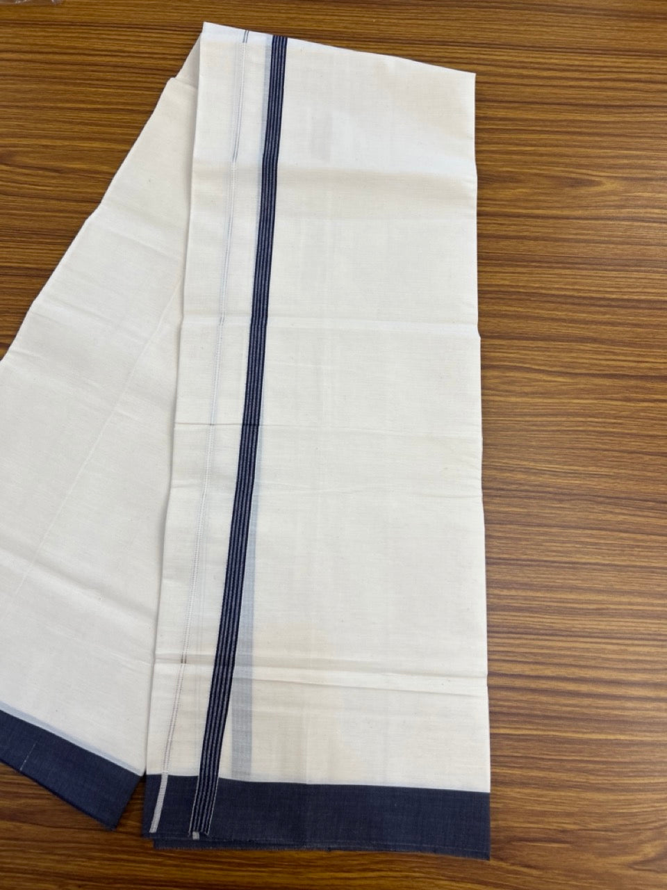 3% Discount! KaithariKada Balaramapuram 100% Cotton Single Off White - (Unbleached) Mundu/Dhoti - 100X100 - 0.5 inch Silver Kasavu Navy Blue striped kara (2 meter / 4 muzham) - 11 KK5283 PMC