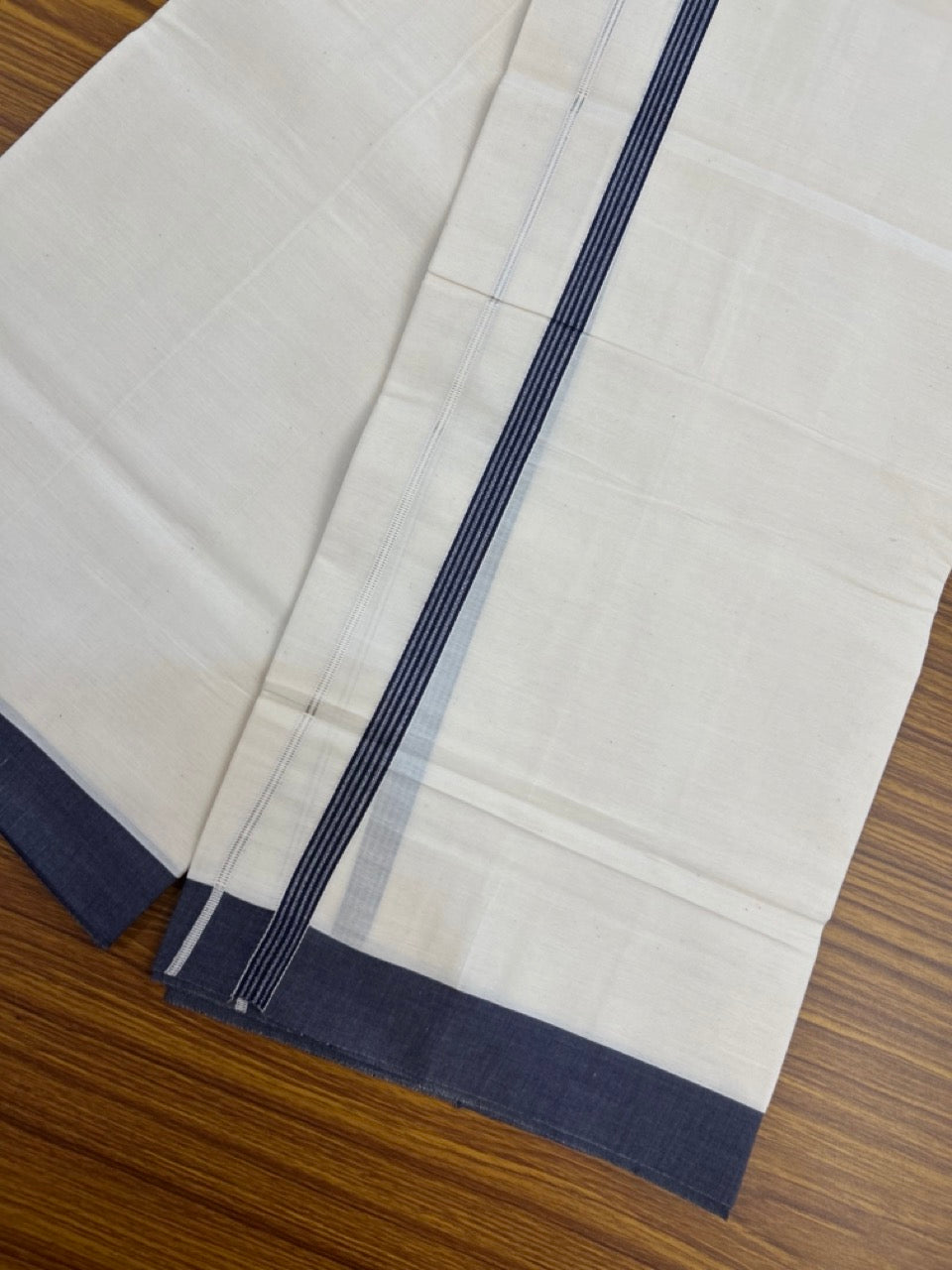 3% Discount! KaithariKada Balaramapuram 100% Cotton Single Off White - (Unbleached) Mundu/Dhoti - 100X100 - 0.5 inch Silver Kasavu Navy Blue striped kara (2 meter / 4 muzham) - 11 KK5283 PMC