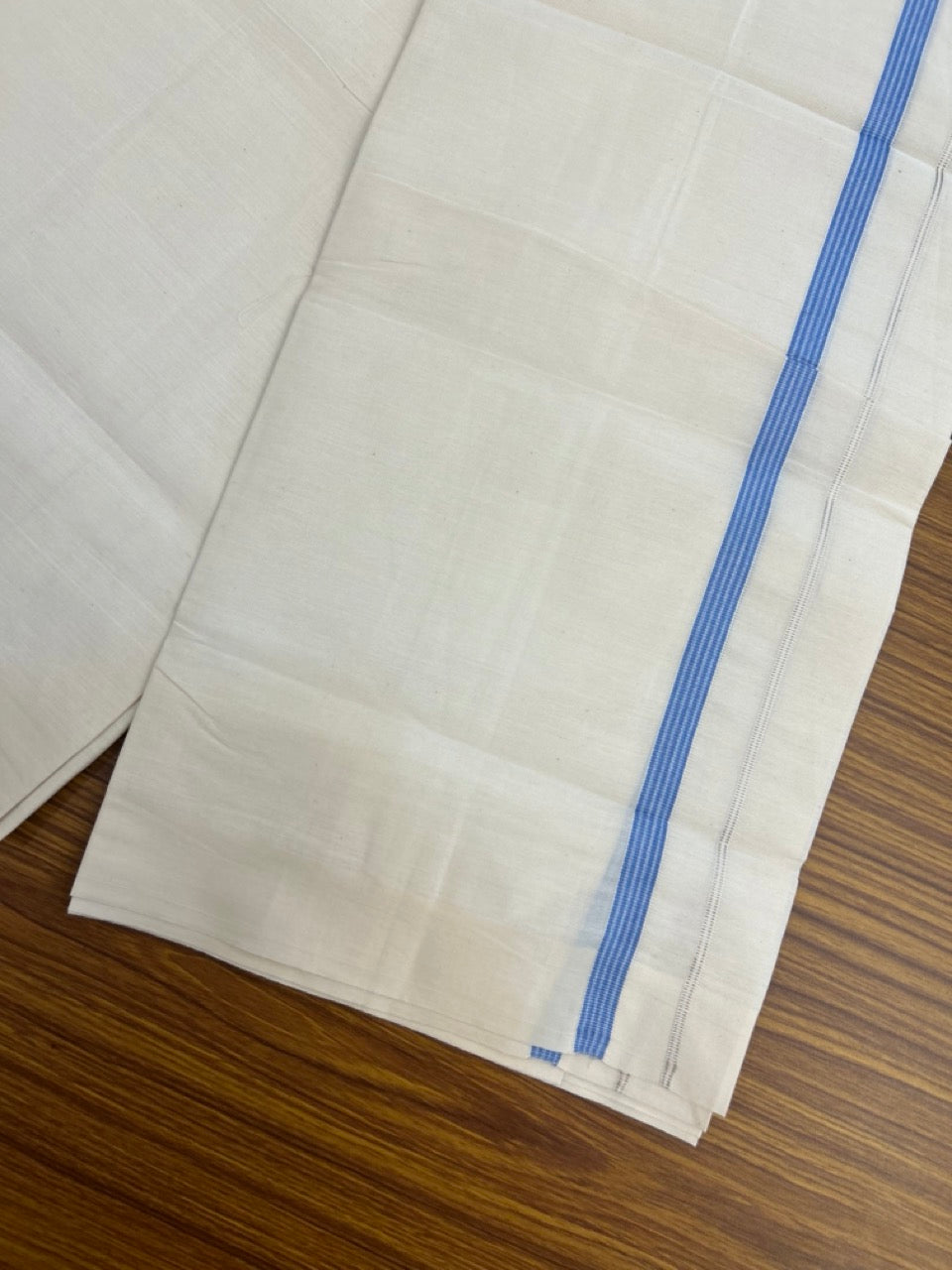 3% Discount! KaithariKada Balaramapuram 100% Cotton Single Off White - (Unbleached) Mundu/Dhoti - 100X100 - 0.5 inch Silver Kasavu Blue striped kara (2 meter / 4 muzham) - 7 KK5283 PMC