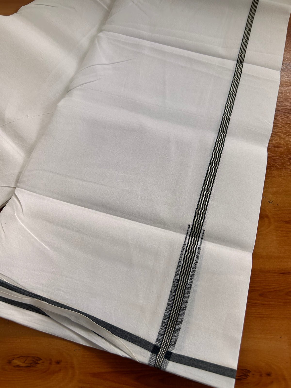 Pure White Single Mundu/Dhoti - 20% Discount! KaithariKada Pulimood 100% Cotton - 100s - 0.5 inch Puliyilakkara Silver Kasav & Black Stripes Chutty (2 meter / 4 muzham) - 30 KK5534 ASH