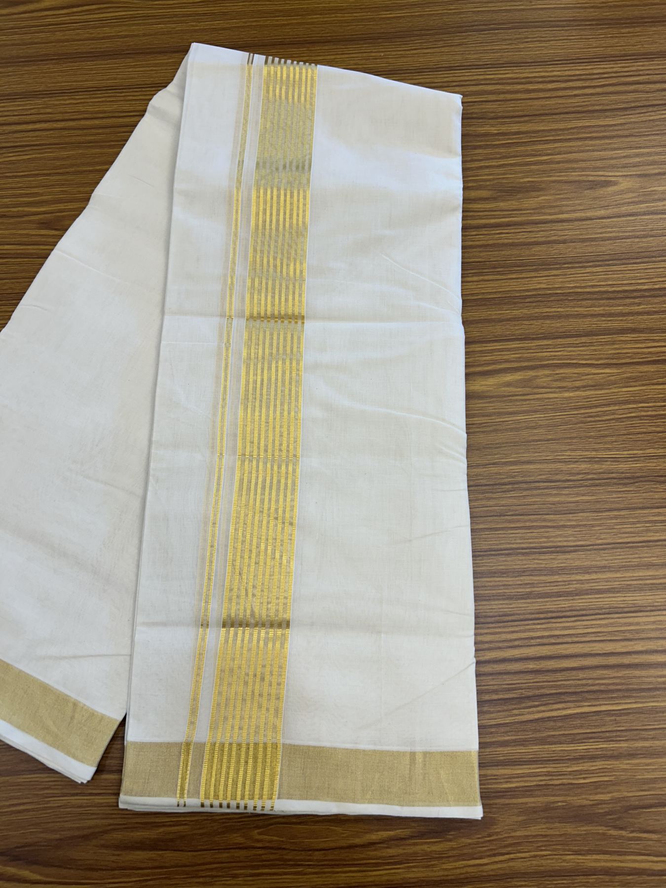 25% Discount! KaithariKada Handloom Millpaav Balaramapuram - Cotton Double Mundu/Dhoti Off white (Unbleached) - 80x90 - 2 inch Kasav striped Kara - 4 meter (8.5 Muzham) - 23 KK5320 RAM