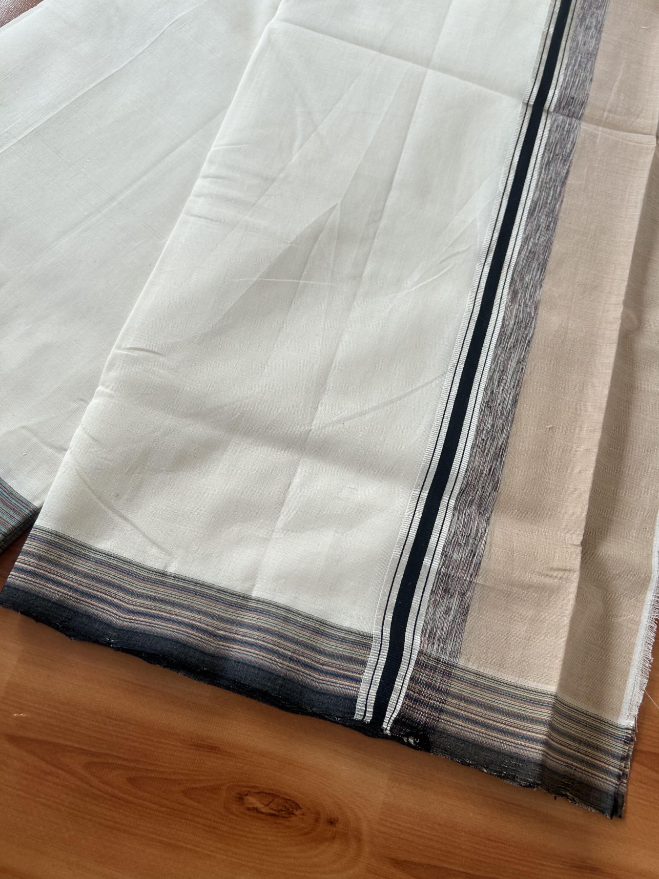 25% Discount! KaithariKada Handloom Unakkupaav Kerala Handloom - 100% Pure Cotton Off White - (Unbleached) Double Mundu/Dothi - 100 x 80 - 4.5 inch Silver Kasav Light Brown & Black,Multi Colour Side Striped Kara 4.00 meter (8.5 muzham) - 9 KK5390 REA