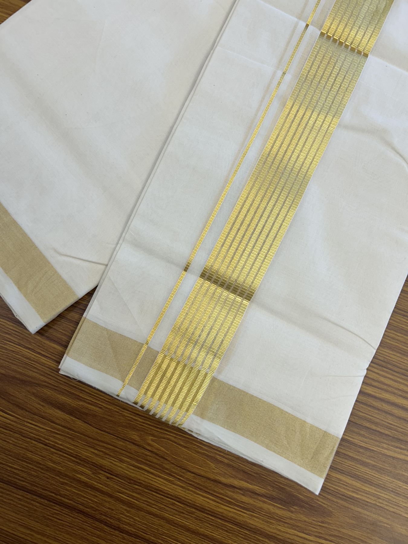 25% Discount! KaithariKada Handloom Millpaav Balaramapuram - Cotton Double Mundu/Dhoti Off white (Unbleached) - 80x90 - 2 inch Kasav striped Kara - 4 meter (8.5 Muzham) - 24 KK5320 RAM