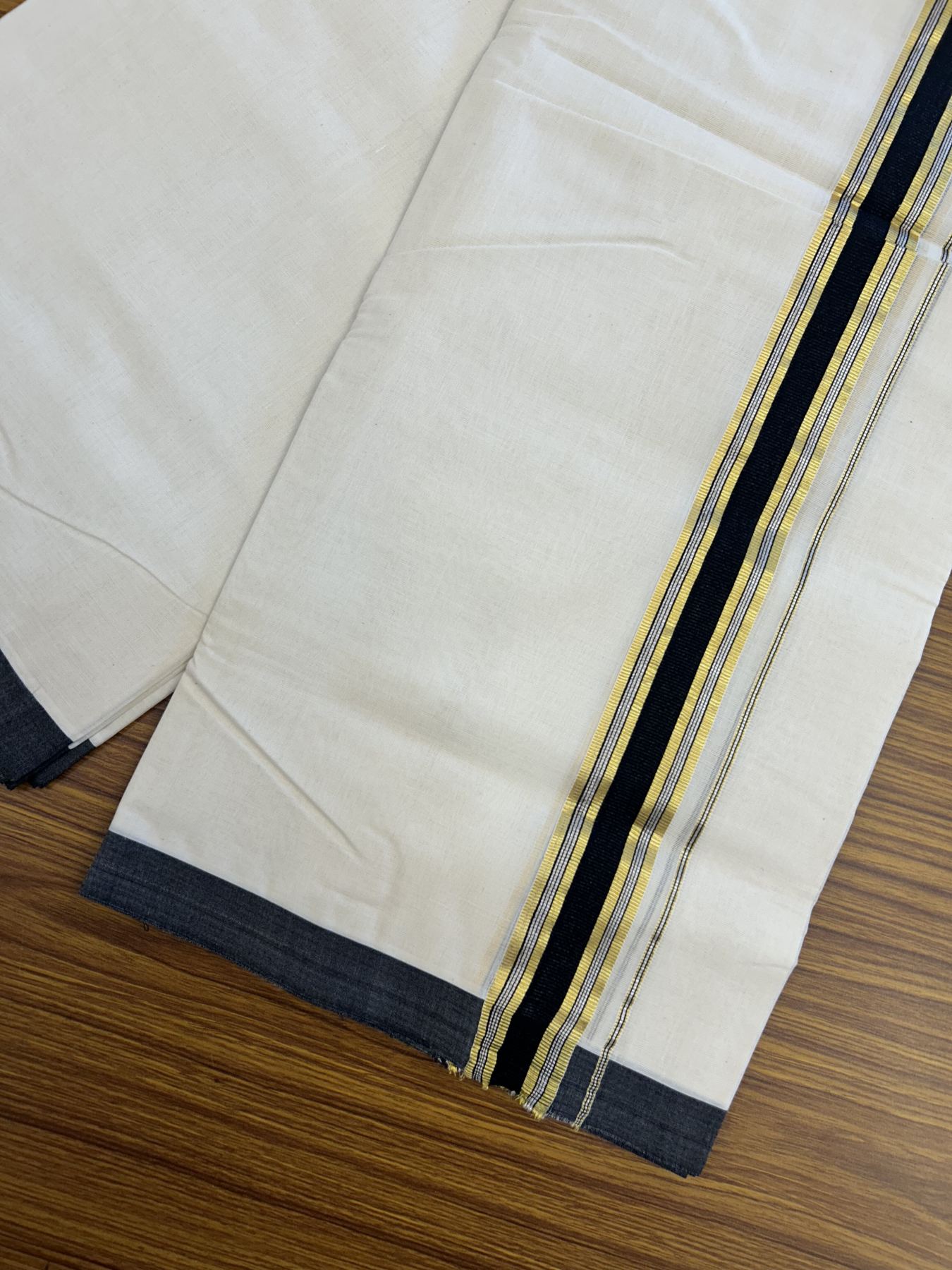 25% Discount ! Kaitharikada Handloom Millpaav Balaramapuram - 100% Pure Cotton Off White - (Unbleached) Double Mundu/Dhoti - 80x90 - 1.75 inch Gold Kasav & Silver Kasav Black Striped Kara 4 mtr (8.5 Muzham) - 1 KK5320 RAM