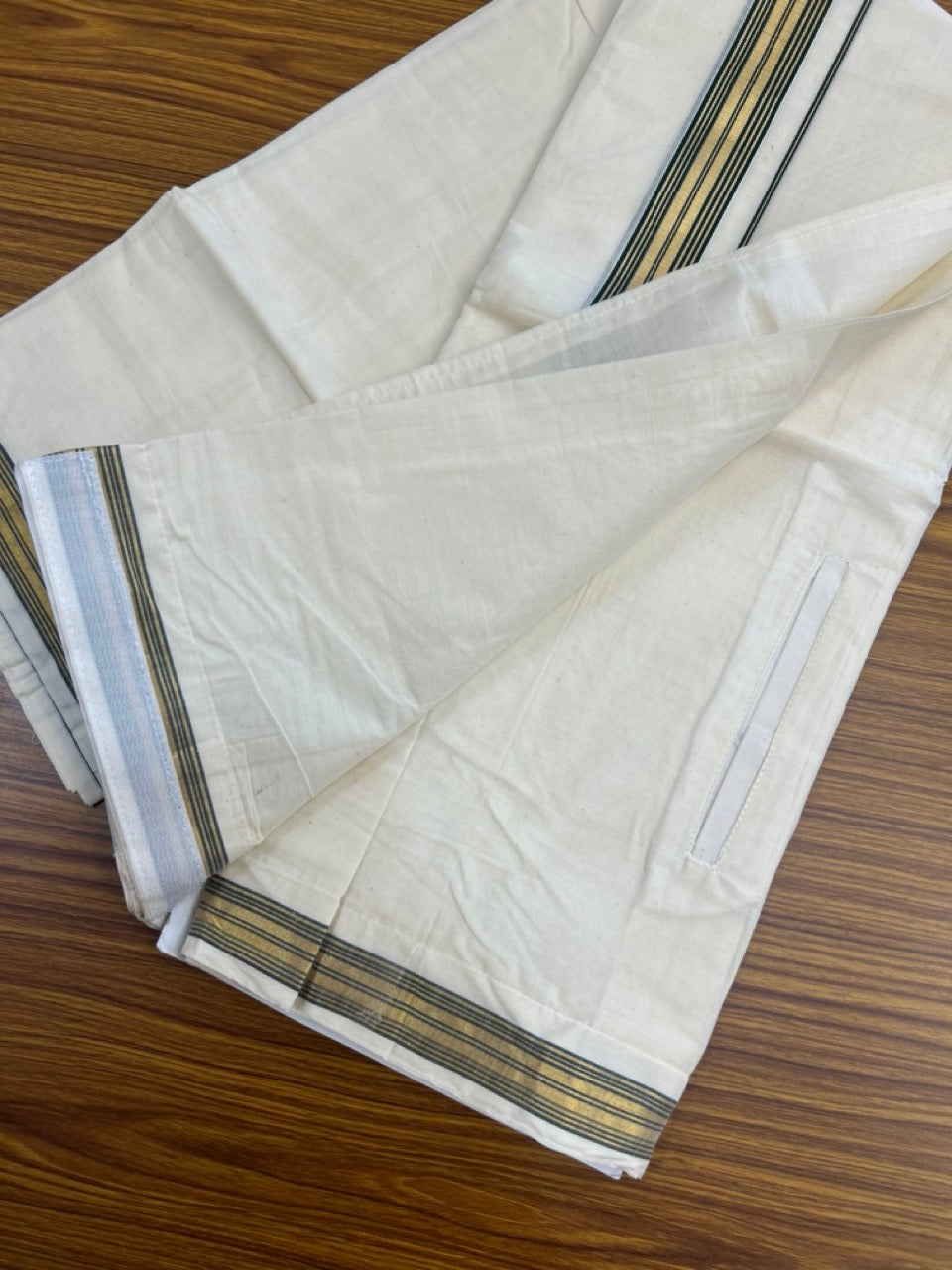 20% Discount ! KaithariKada Balaramapuram Mixed Cotton Double Off white - (Ubleached) Mundu/Dhoti VELCRO Mundu/Dhoti - (80s) - 1.25 inch Gold Kasavu & Green Striped kara 4mtr (8.5 muzham) -1 KK5284 PMC