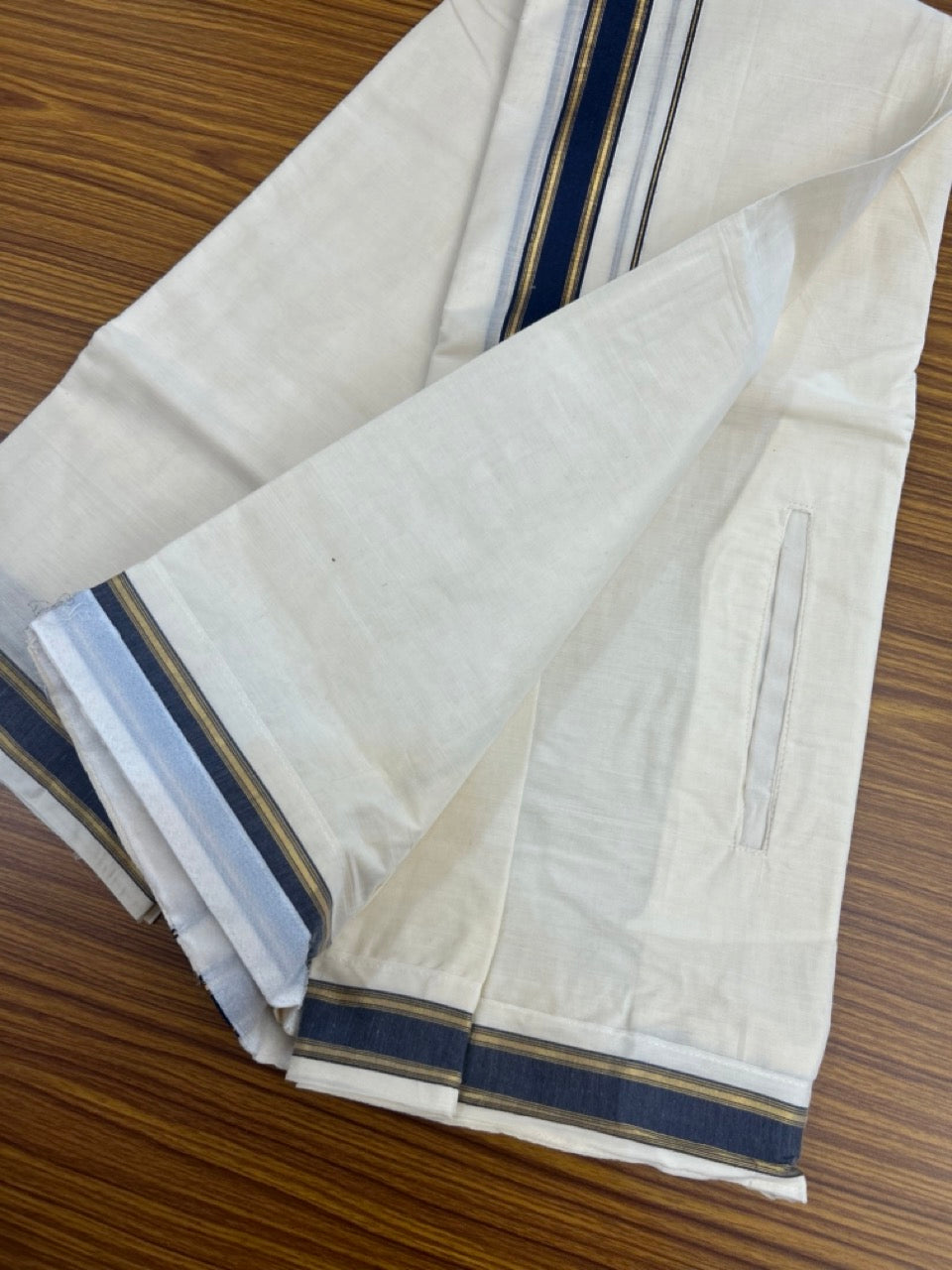 20% Discount ! KaithariKada Balaramapuram Mixed Cotton Double Off white - (Ubleached) Mundu/Dhoti VELCRO Mundu/Dhoti - (80s) - 1.25 inch Gold Kasavu & Blue Striped kara 4mtr (8.5 muzham) - 2 KK5284 PMC
