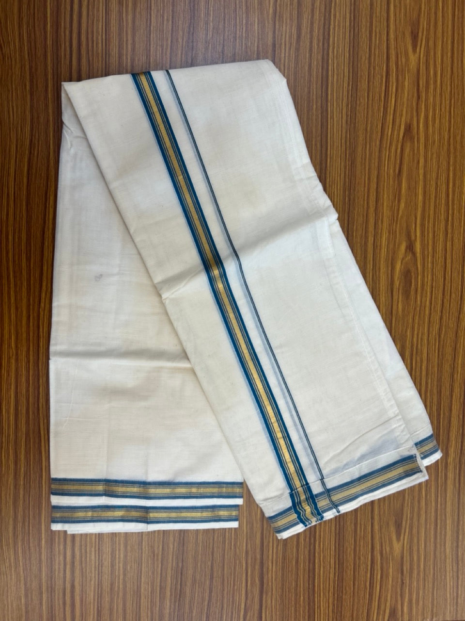20% Discount ! KaithariKada Balaramapuram Mixed Cotton Double Off white - (Ubleached) Mundu/Dhoti VELCRO Mundu/Dhoti - (80s) - 1 inch Gold Kasavu & Peacock Blue Striped kara 4mtr (8.5 muzham) - 3 KK5284 PMC