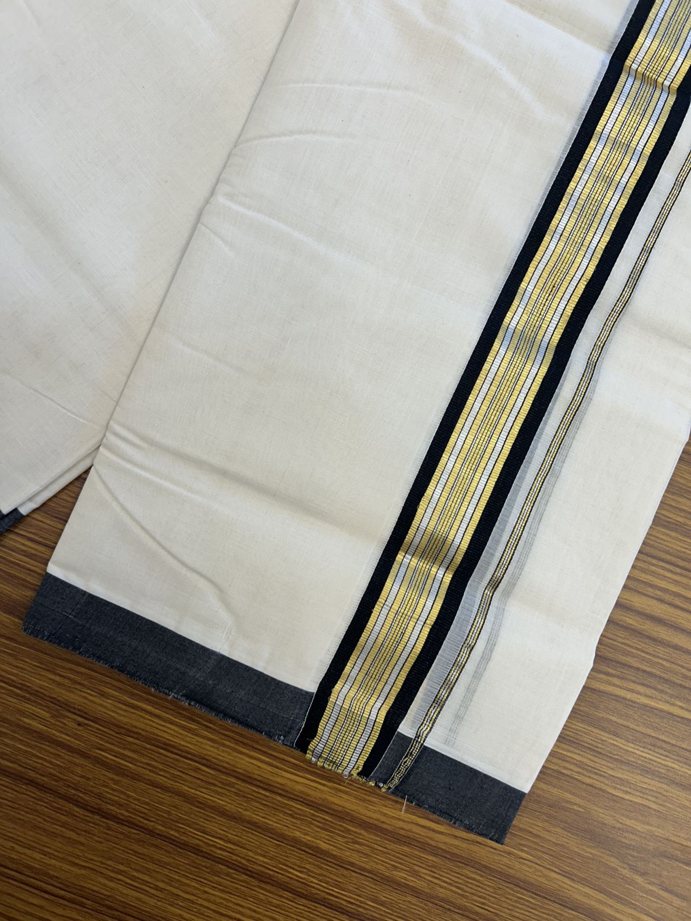 25% Discount ! Kaitharikada Handloom Millpaav Balaramapuram - 100% Pure Cotton Off White - (Unbleached) Double Mundu/Dhoti - 80x90 - 1.75 inch Gold Kasav & Silver Kasav Black Striped Kara 4 mtr (8.5 Muzham) - 4 KK5320 RAM
