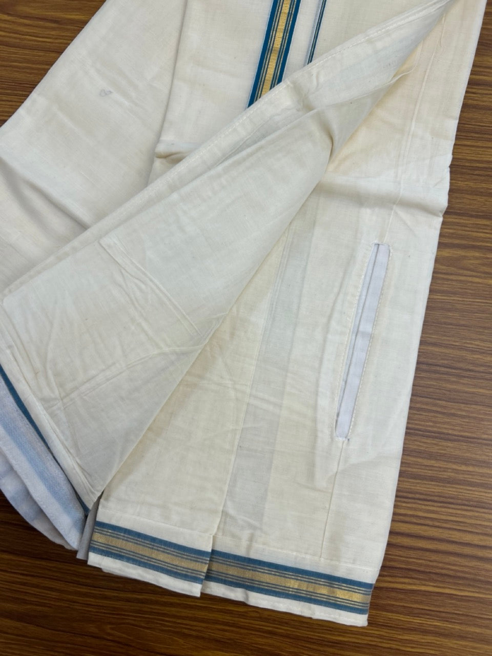 20% Discount ! KaithariKada Balaramapuram Mixed Cotton Double Off white - (Ubleached) Mundu/Dhoti VELCRO Mundu/Dhoti - (80s) - 1 inch Gold Kasavu & Peacock Blue Striped kara 4mtr (8.5 muzham) - 3 KK5284 PMC
