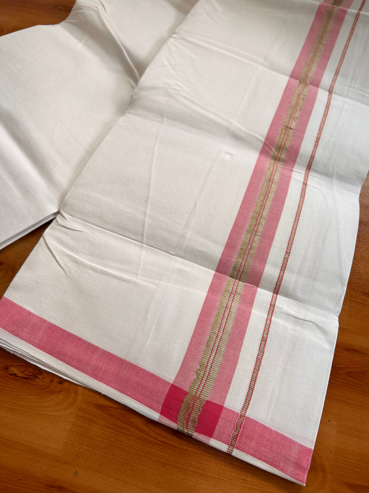 Single Pure White Mundu/Dhoti - 25% Discount ! KaithariKada Pulimood 100% Cotton Kerala Handloom - 1.5 inch Silver Kasav Pink Striped Kara (2 meter / 4 muzham) - 23 KK5534 KAI