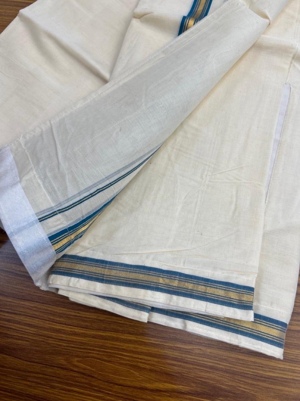 20% Discount ! KaithariKada Balaramapuram Mixed Cotton Double Off white - (Ubleached) Mundu/Dhoti VELCRO Mundu/Dhoti - (80s) - 1 inch Gold Kasavu & Peacock Blue Striped kara 4mtr (8.5 muzham) - 3 KK5284 PMC