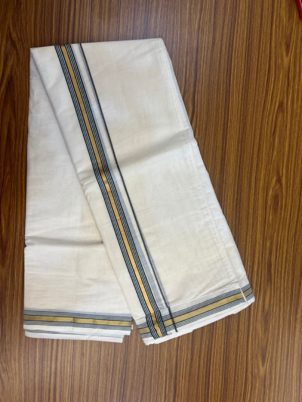 20% Discount ! KaithariKada Balaramapuram Mixed Cotton Double Off white - (Ubleached) Mundu/Dhoti VELCRO Mundu/Dhoti - (80s) - 1 inch Gold Kasavu & Dark Green Striped kara 4mtr (8.5 muzham) - 4 KK5284 PMC