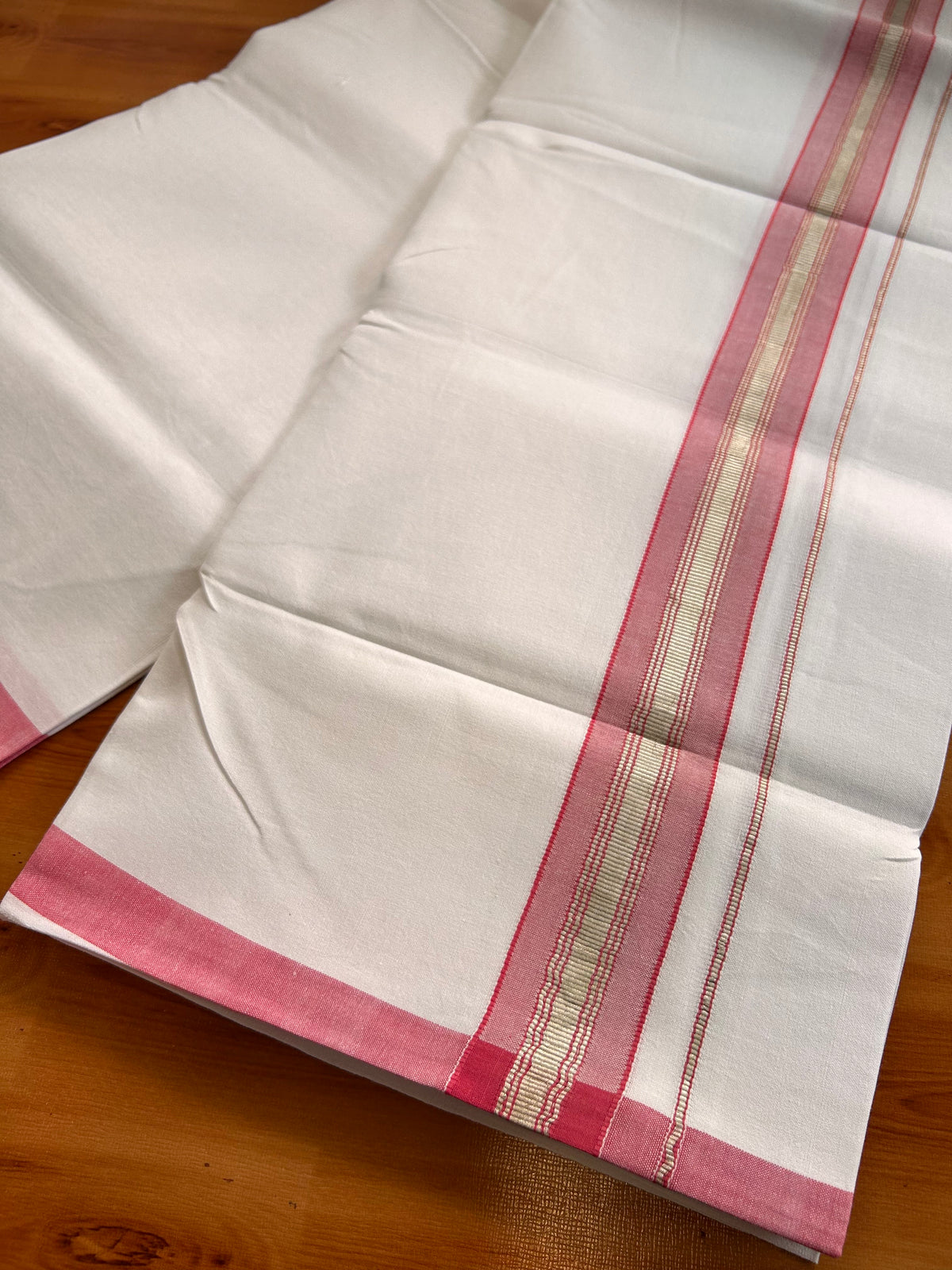 Single Pure White Mundu/Dhoti - 25% Discount ! KaithariKada Pulimood 100% Cotton Kerala Handloom - 1.5 inch Silver Kasav Pink Striped Kara (2 meter / 4 muzham) - 22 KK5534 KAI