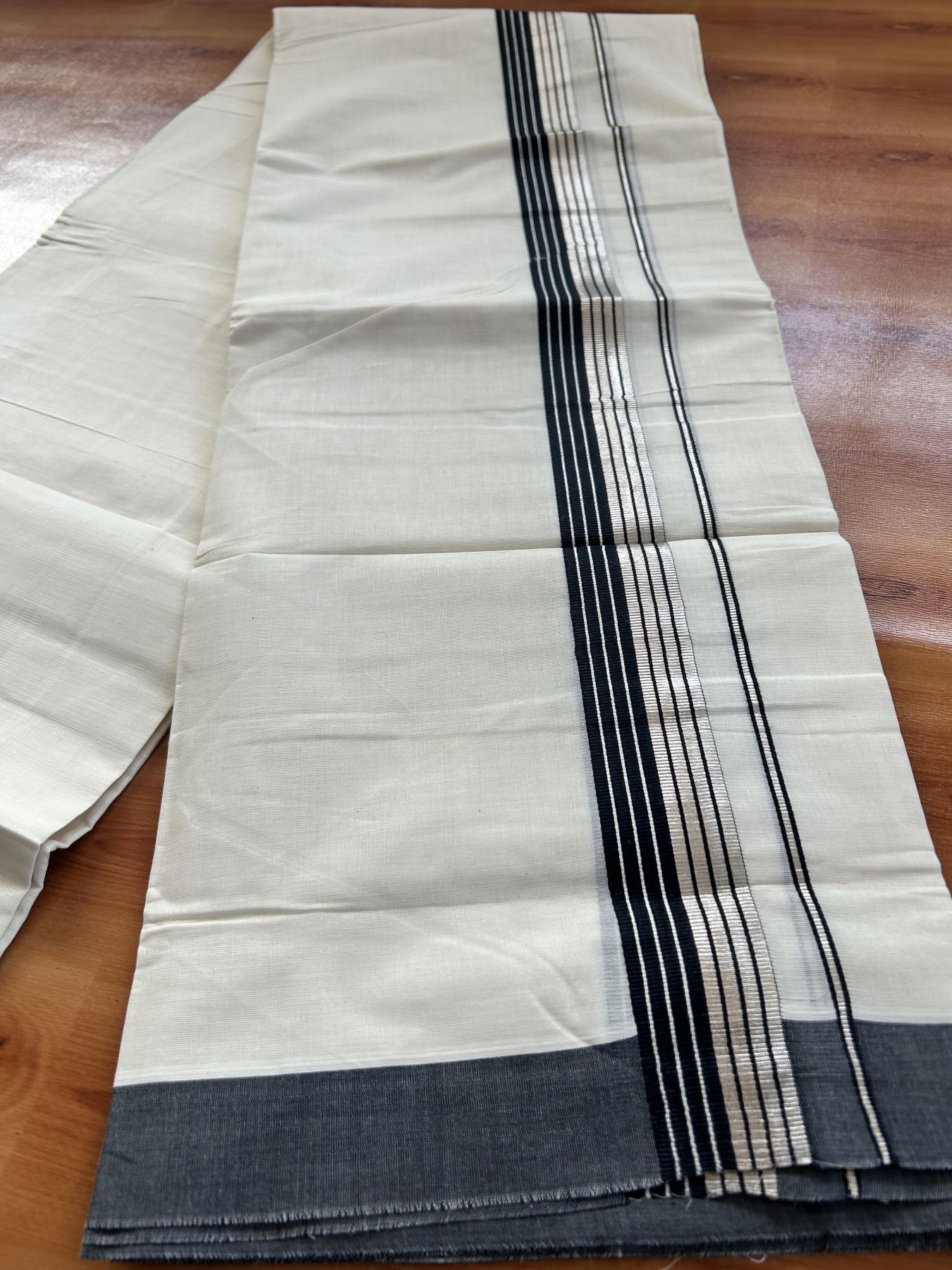 Double Off White Mundu/Dhoti- 20% Discount! KaithariKada Balaramapuram Pure Cotton - 80s - 1.5 inch Silver Kasav & Black Striped Kara - 4mtr (8.5muzham) - 17 KK5417 VAS